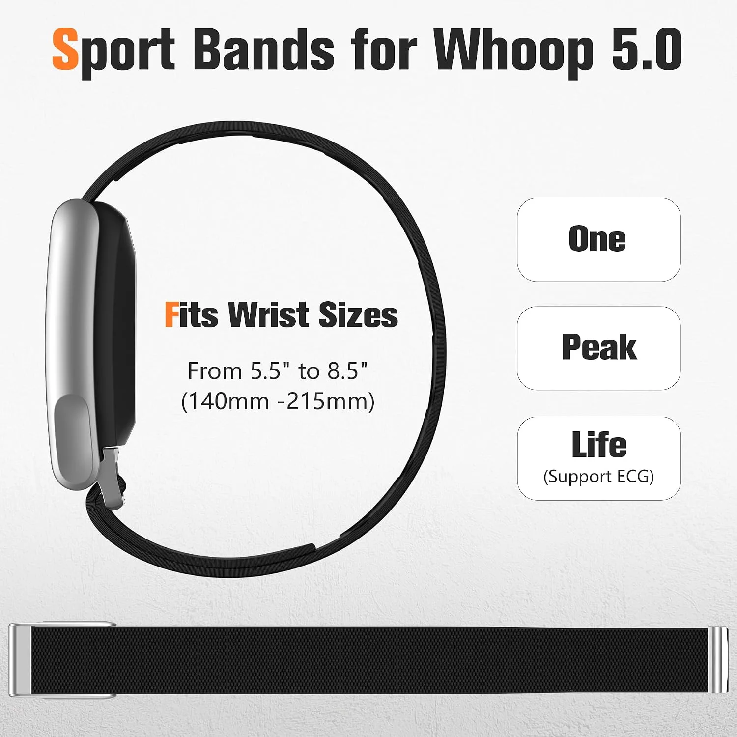 Getino Sport Band Compatible with Whoop 5.0 Bands One, Peak and Life/MG, Breathable Adjustable Elastic Replacement Soft Nylon Strap Accessories for Whoop Band 5.0 Fitness Tracker, TitaniumBlack