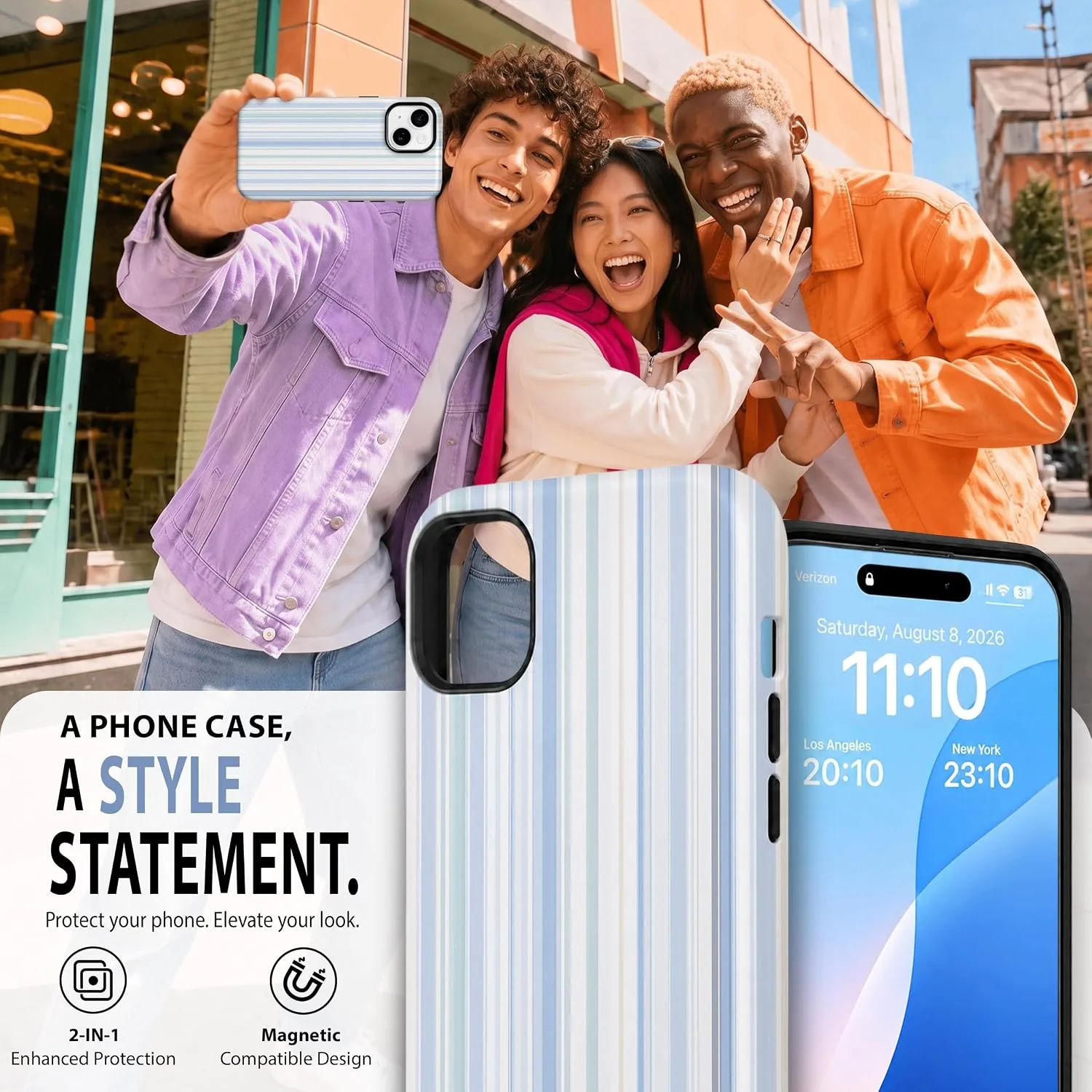 Magnetic for iPhone 15 Phone Case, Cute Trendy Pastel Blue Striped