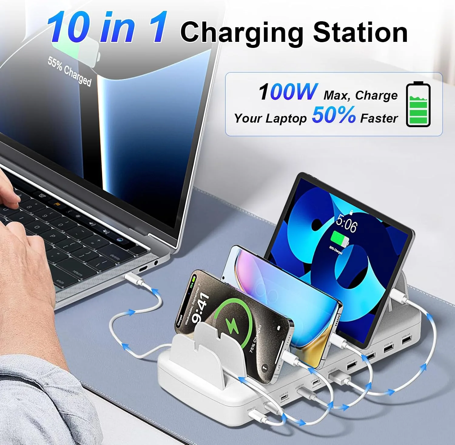 510W Charging Station for Multiple Devices, 10 Ports Fast Charger Organizer