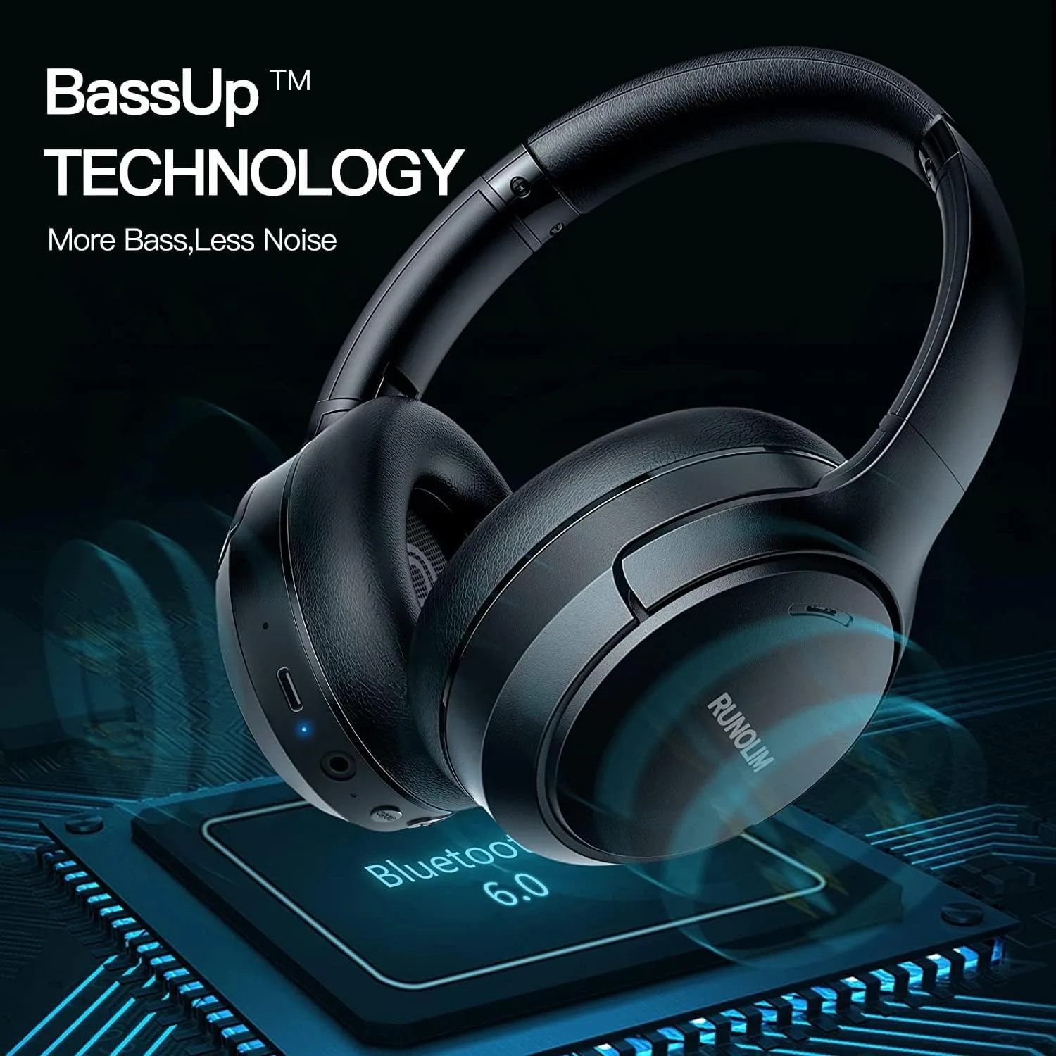 RUNOLIM Active Noise Cancelling Headphones, Wireless Bluetooth Over Ear