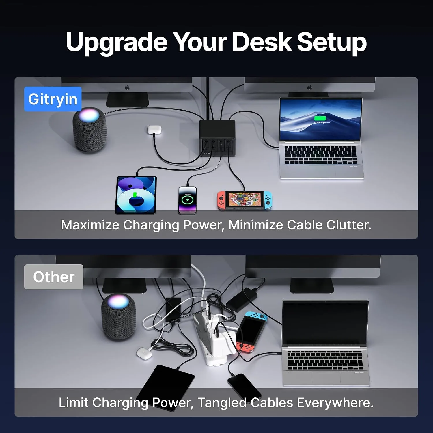 Gitryin 12-in-1 Desktop Charging Station, 160W USB Retractable GaN Charger