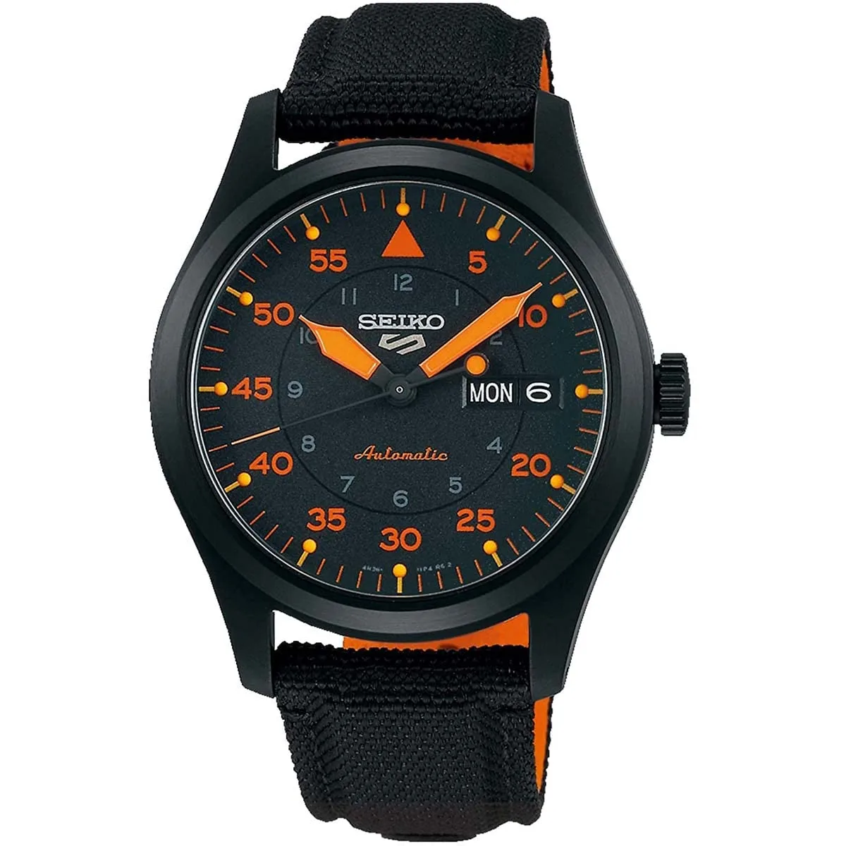 SEIKO SRPH33 Men's Watch, 41-Hour Power Reserve, Stainless Steel Case, Black Nylon Strap, Blue and Orange Dial, Day/Date Display, 100m Water Resistant