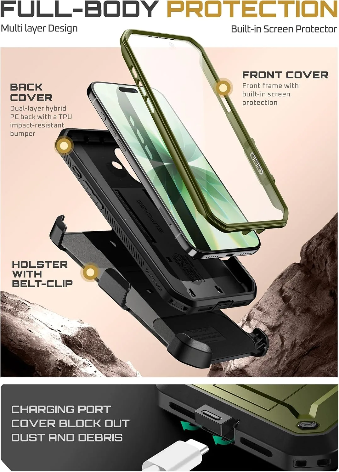 SUPCASE for iPhone 17 Case with Kickstand & Screen Protector, Green