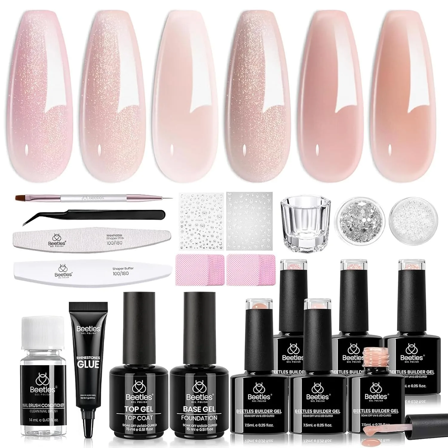 Beetles Builder Gel Nail Kit, 6 Colors Building Gel & Base Top Coat