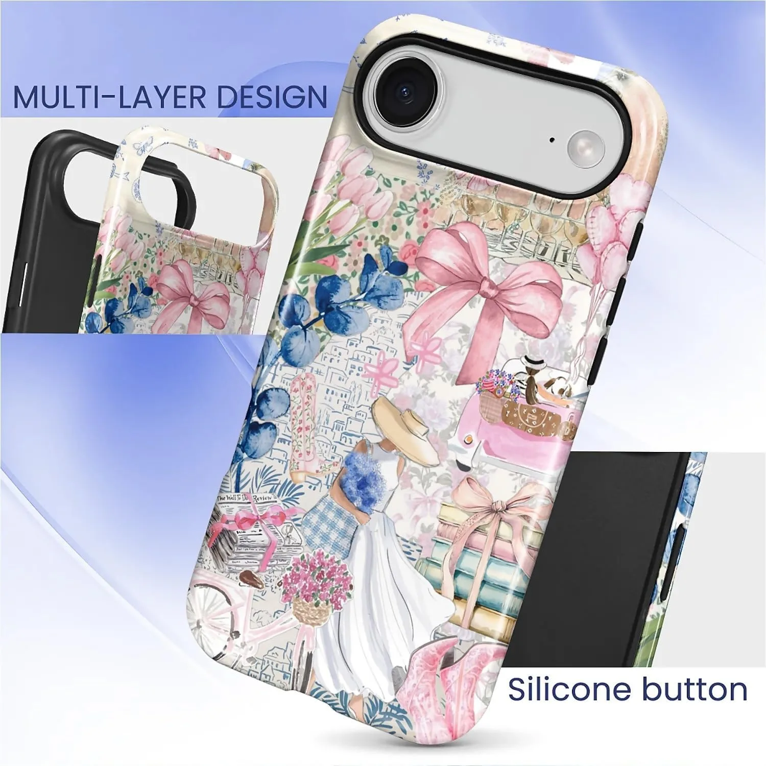 DAIZAG Case for iPhone 17 Air,Mixed 2 Layer Design Shockproof Soft TPU Ddouble Protection Phone Case for iPhone 17 Air-Magazine Books Flower Bow Collage