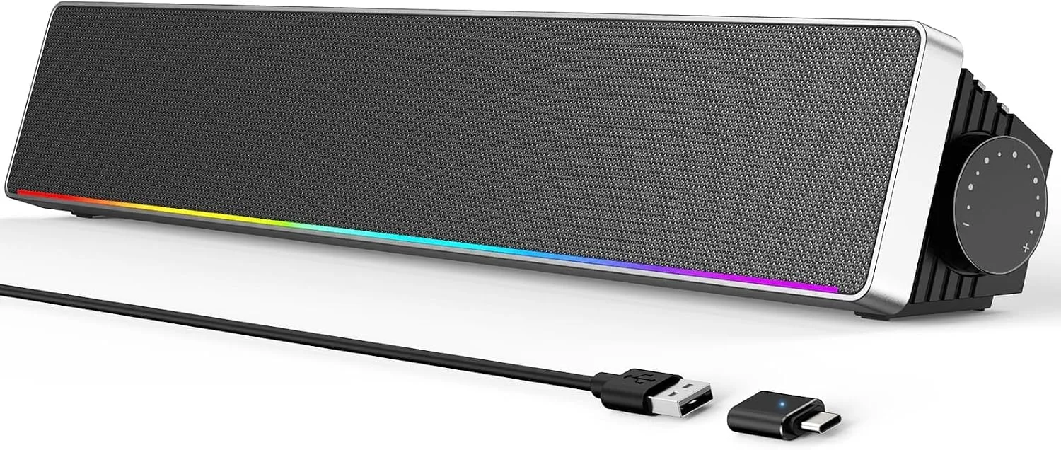 Kunodi USB Computer Speakers for Desktop PC, Stereo External Speakers with Dynamic Lights, Plug and Play, Easy Buttons, USB/USB C Powered Sound Bar for Desktop & Laptop, Desk