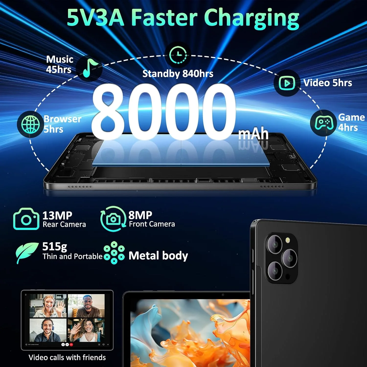 11 Inch Tablet Android 16 Tablet with Gemini AI, 2K FHD Display Tablets, 36GB RAM 256GB ROM, Octa-Core T615, 2-in-1 with Keyboard, 8000mAh,5G WiFi&16MP Camera, Widevine L1 for Stream Black