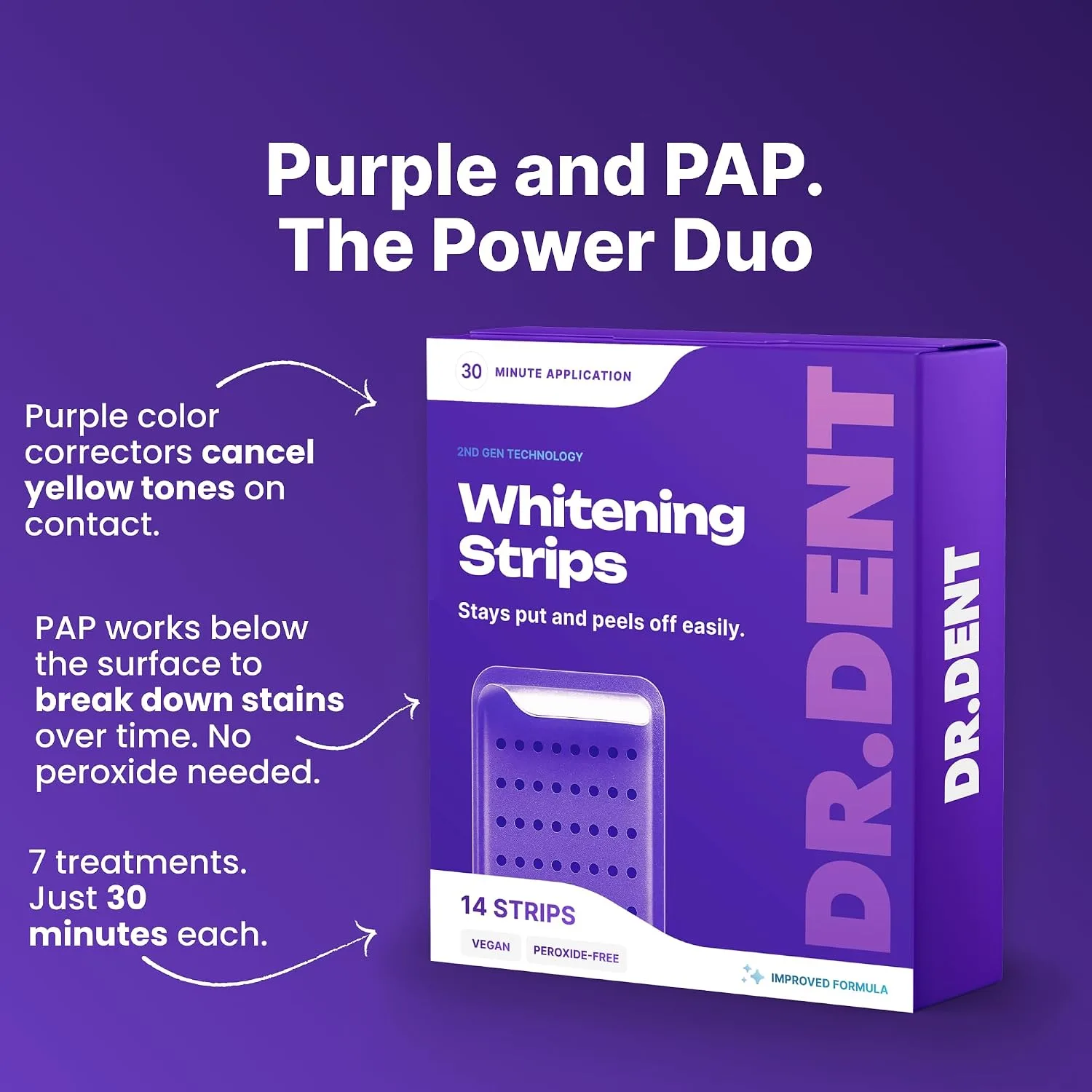 DRDENT Purple Teeth Whitening Strips - 42 Strips (21 Treatments) - Peroxide Free Pap Whitening - Color Correcting Purple