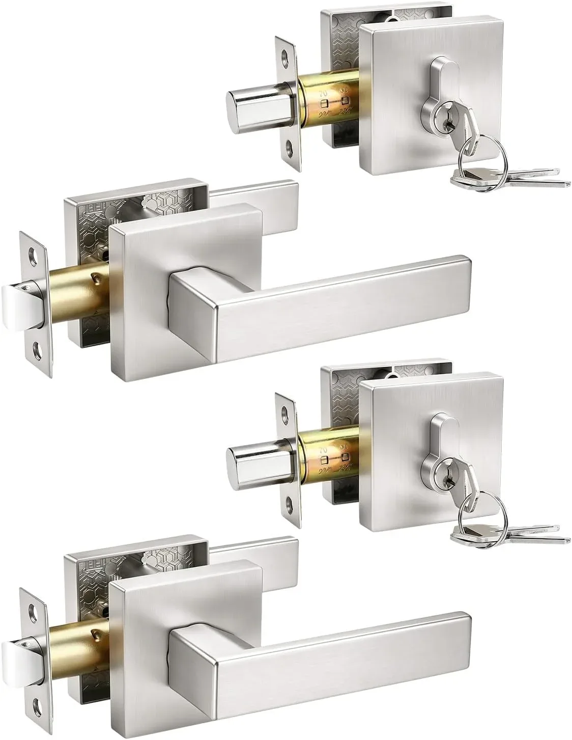 Tinewa 2 Pack Brushed Nickel Passage Door Lever with Single Cylinder Deadbolt, Exterior Square Door Handle with Deadbolt Keyed Alike, Satin Nickel Door Lock Handleset