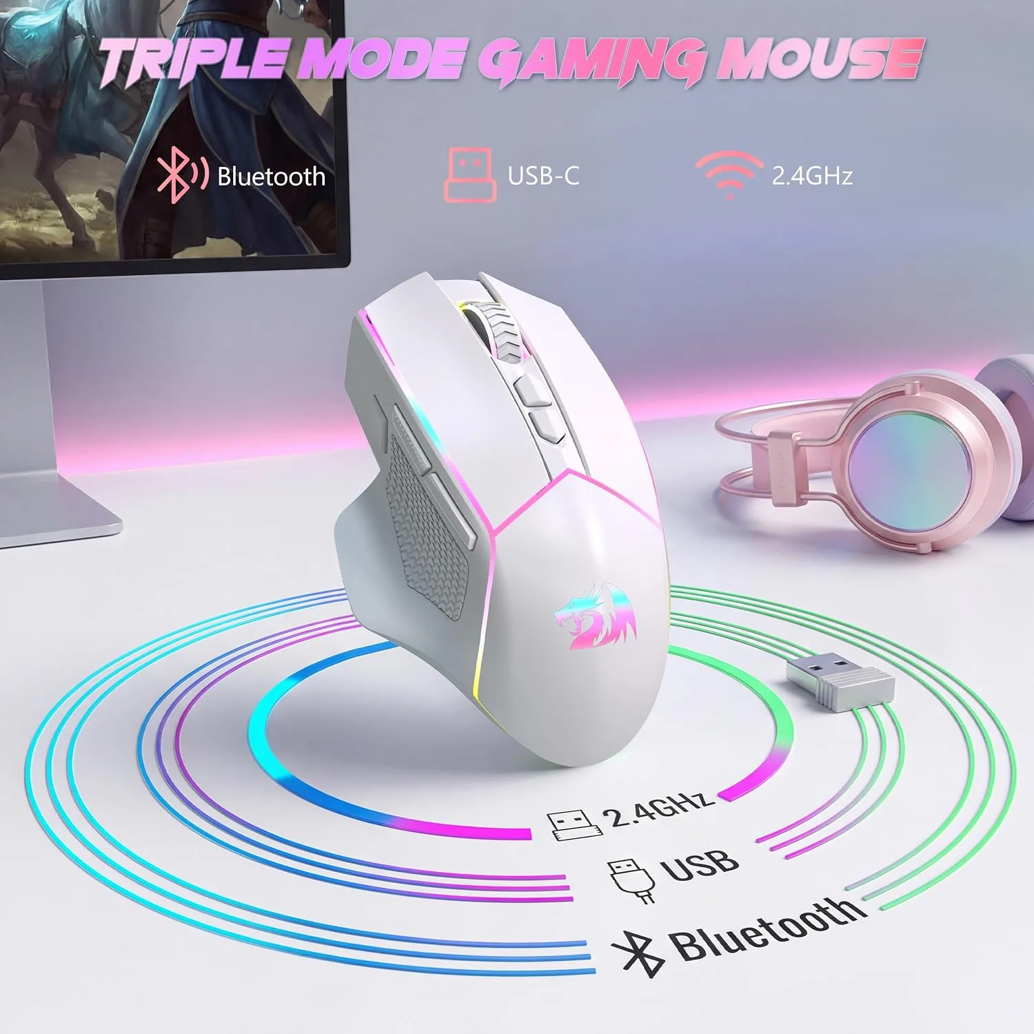Redragon Wireless Gaming Mouse, Tri-Mode 2.4G/Bluetooth/USB-C, 7 Programmable Buttons, Tactile Rapid Fire Key, 24000 DPI RGB Ergonomic Mouse for PC Windows Gaming & Work, M814W