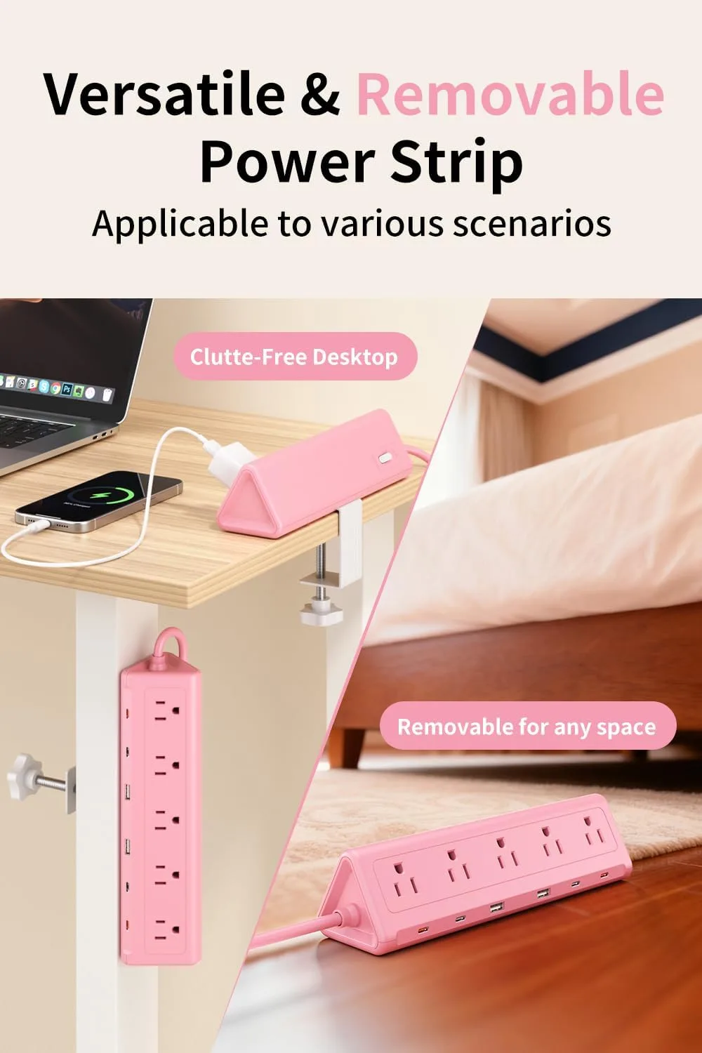 AnnTane Desk Clamp Power Strip USBC, 40W Fast Charging, 6.5 Ft, Pink