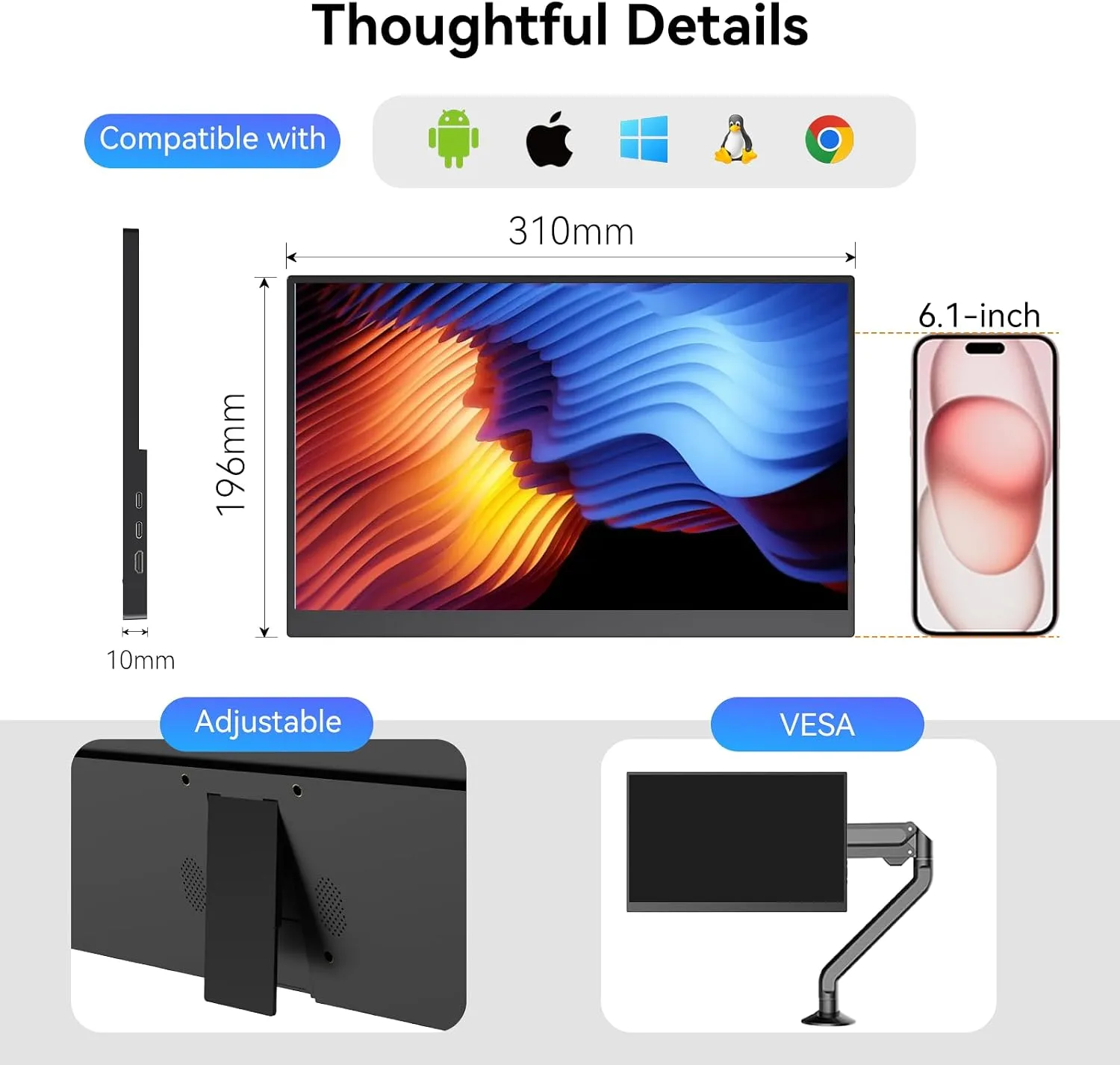 13.3" Portable Monitor with HDMI USB-C Plug and Play, Travel Screen