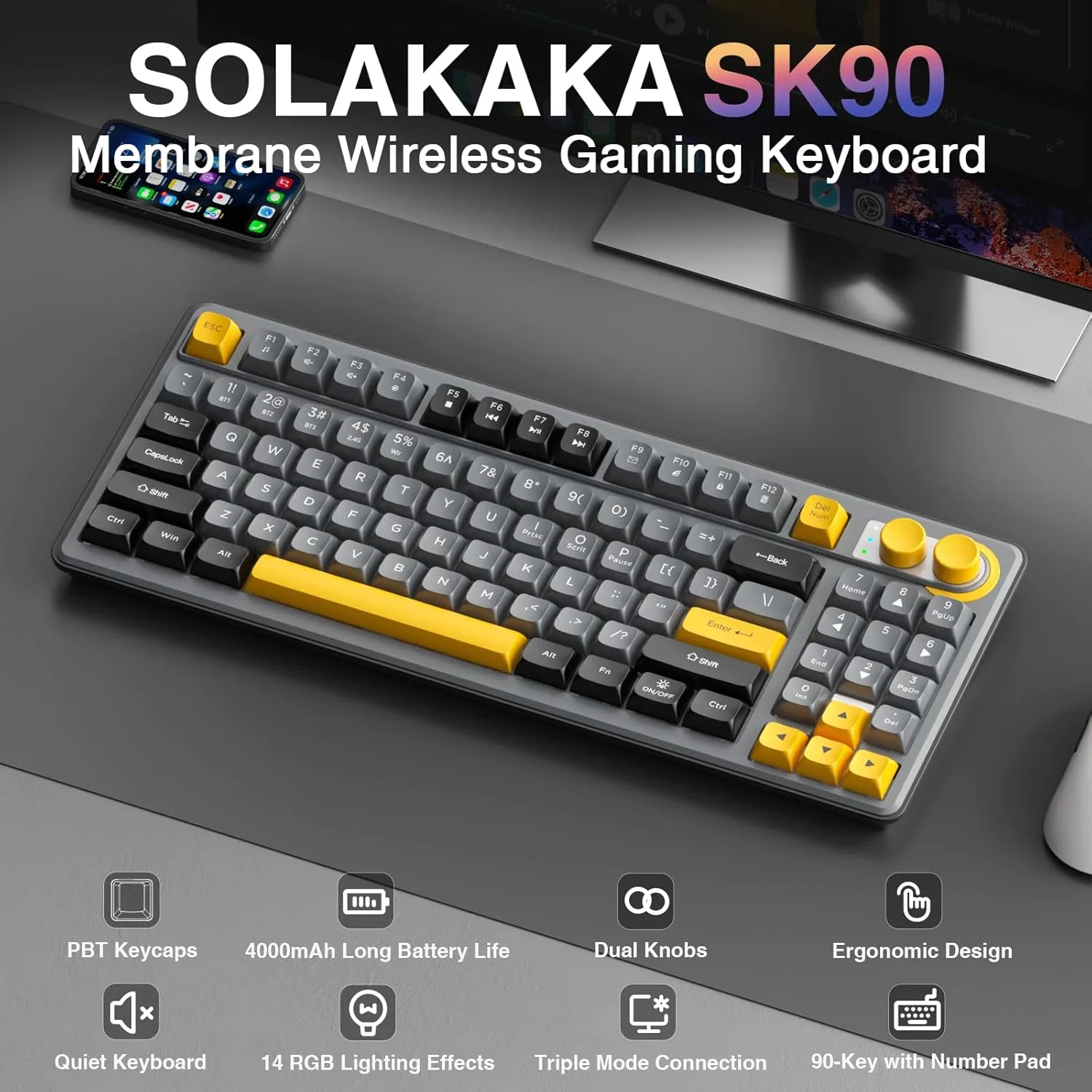 SOLAKAKA SK90 75% Wireless Gaming Keyboard with Media Knob & Number Pad