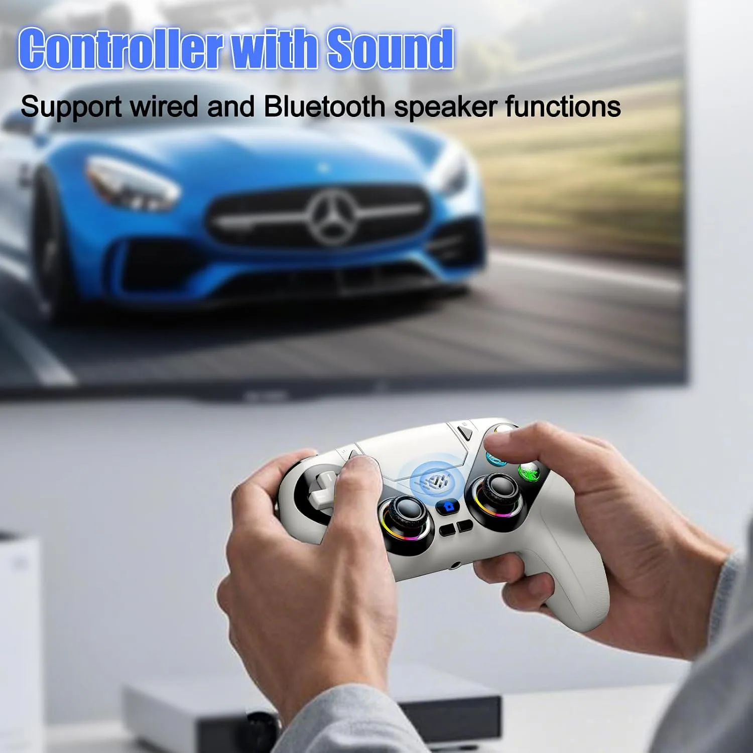 Gamrombo LED Wireless Controller for PS5, Compatible with PS5 Pro/Slim/PC, Dual Vibration, Macro/Turbo Function, 3.5mm Audio Jack, 6-Axis Motion Control Gamepad with Speaker(White)