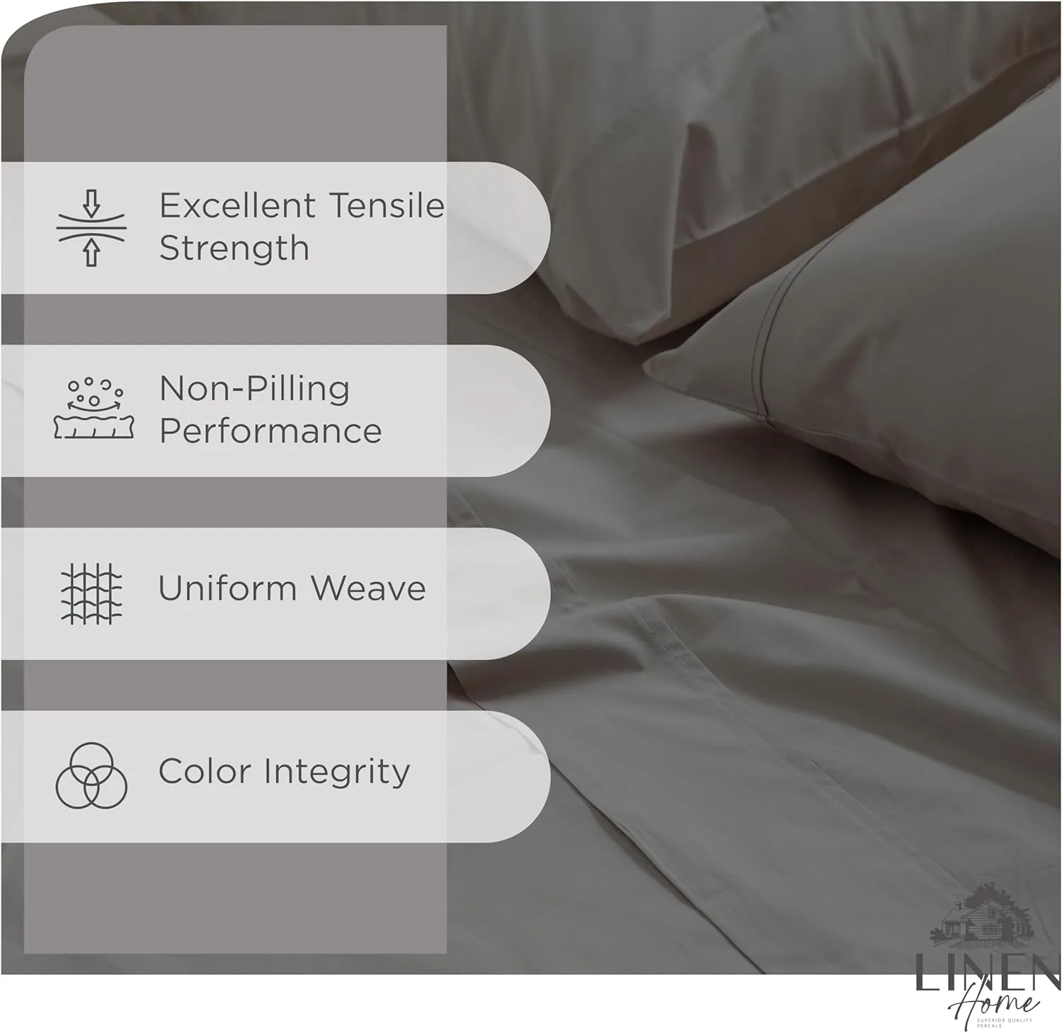 Linen Home 100% Cotton Percale King Sheets, 4 Pc Cooling Set - Charcoal
