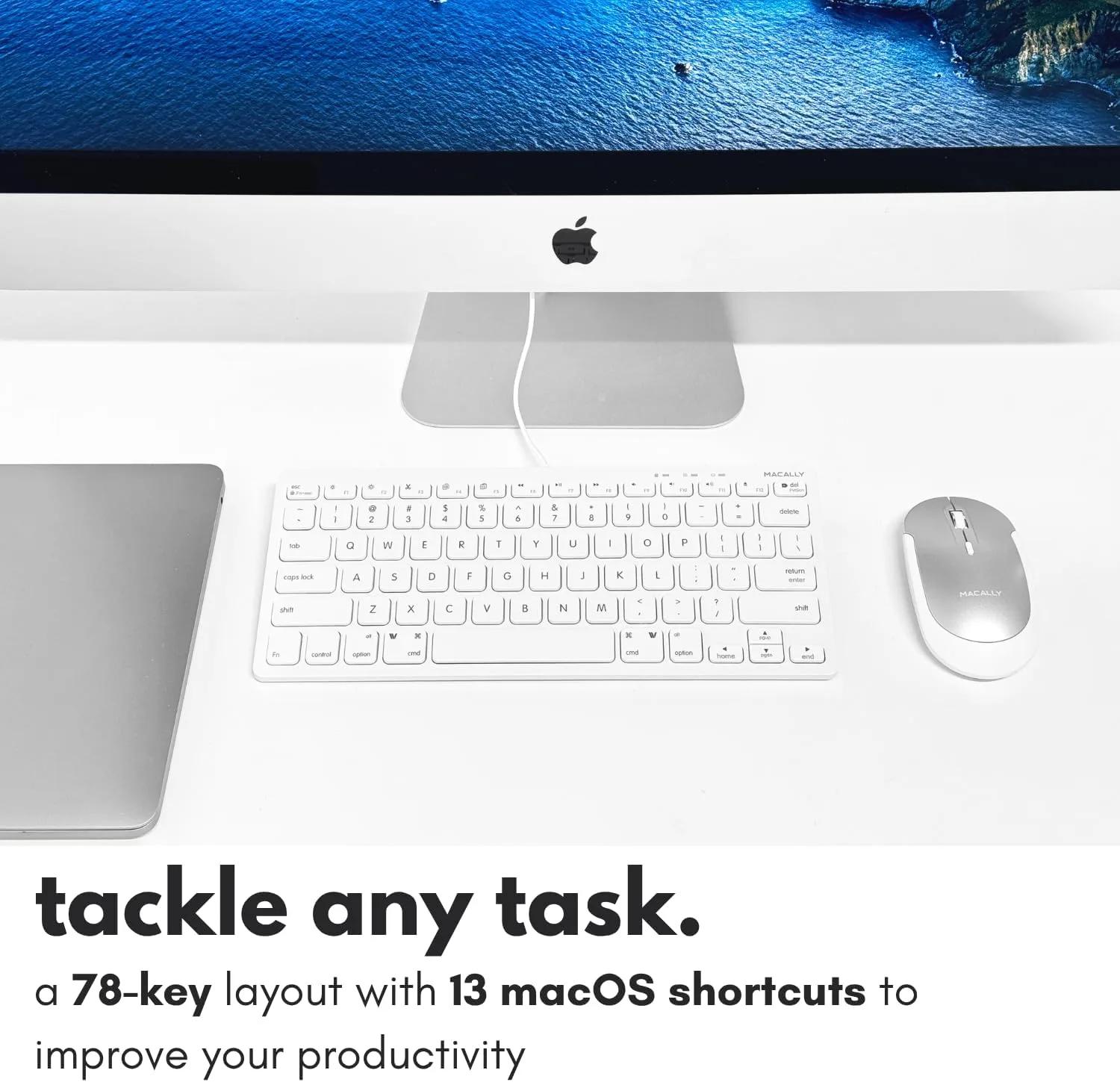 Macally USB Wired Keyboard for Mac and Windows PC - Plug and Play Apple Keyboard with 78 Scissor Switch Keys and 13 Shortcut Keys - Compact & Small that Saves Spaces and Looks Great - White