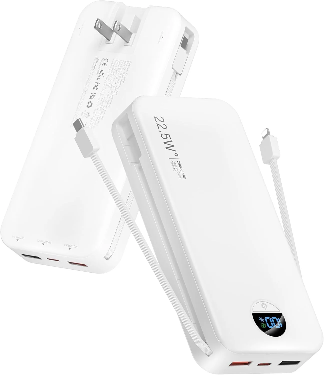 citicr Portable Charger 20000mAh PD20W w/Built-in Cables & Wall Plug White