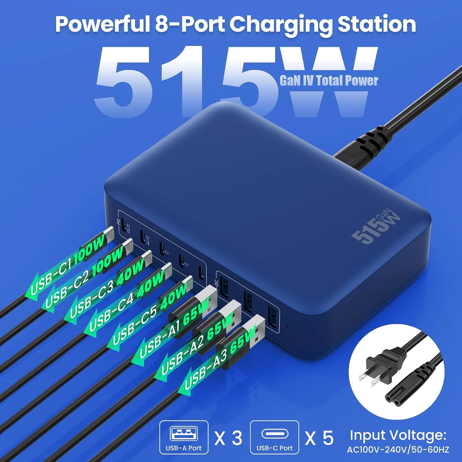 USB C Charger Block 515W[2025 Upgraded] GaN IV 8 Port Fast Charging Station Hub,Dual PD 100W USB C Laptop Charger Compatible with MacBook Pro/Air,iPad,iPhone 16/15,Galaxy S23/S24 Steam Deck Dell XPS