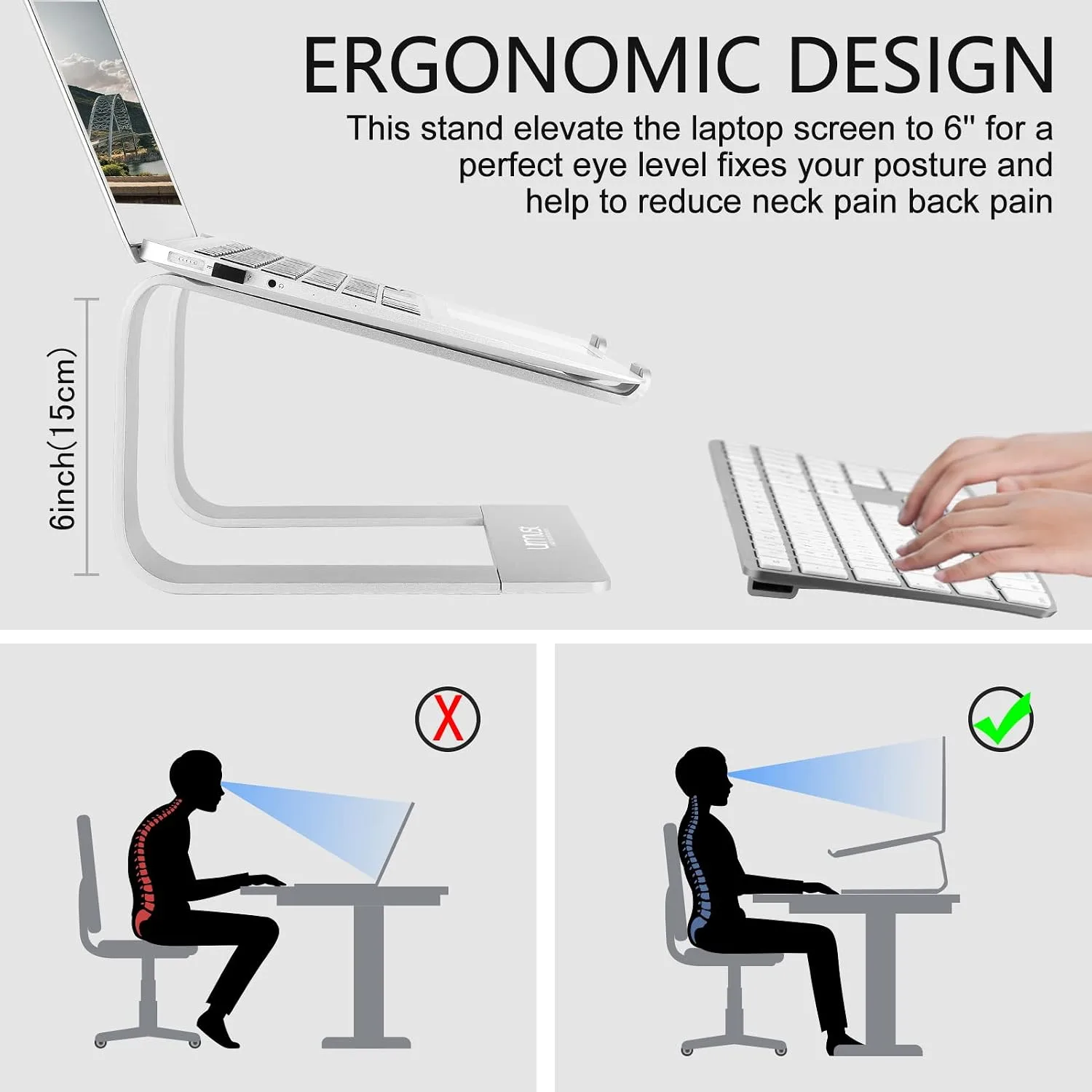 Urmust Laptop Stand for Desk, Silver, Up to 15.6" Laptop