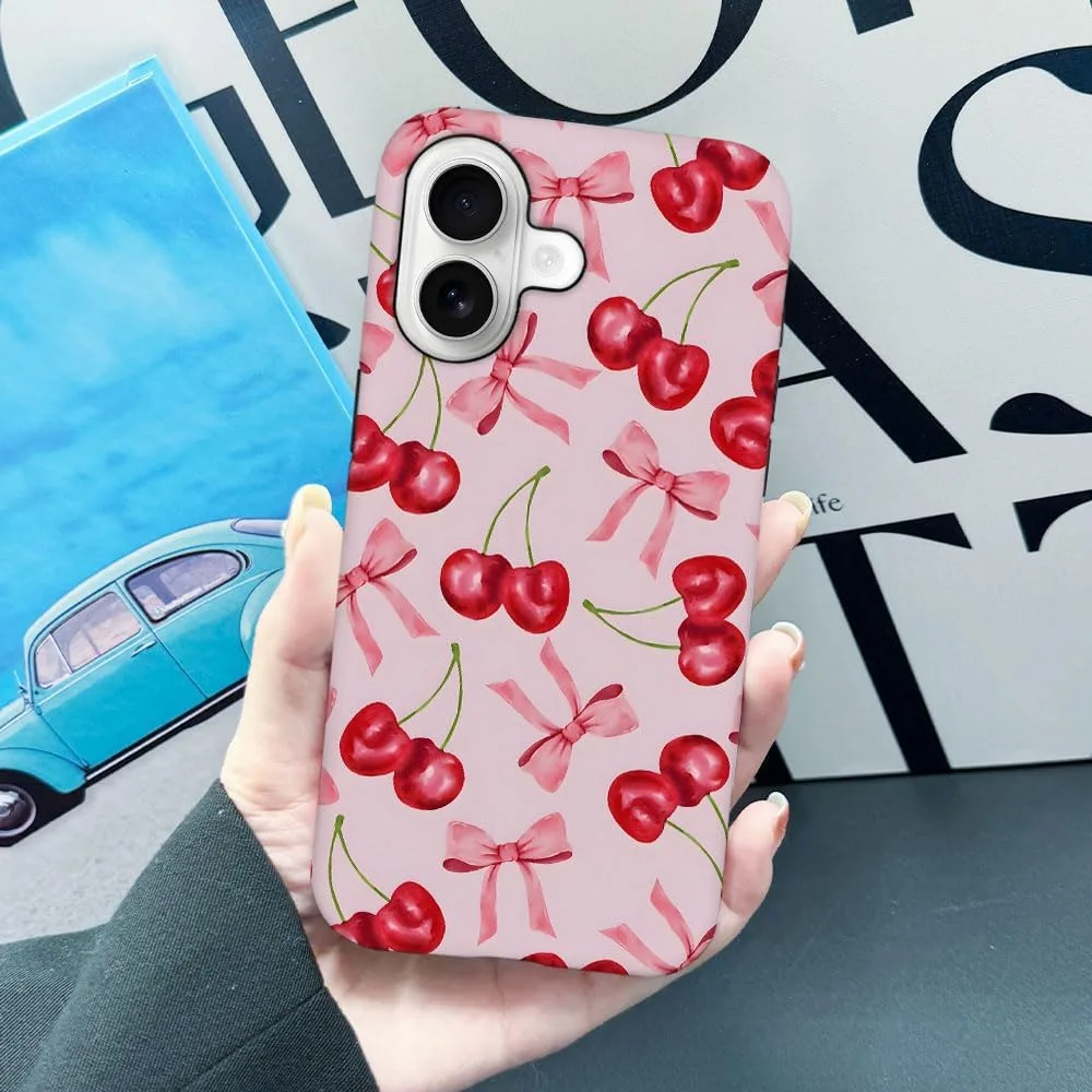 Case Compatible with iPhone 17,Fall Prevention Hybrid 2-Layer Hard Shell Phone Cover for Girls Boys,Pink Bow Cherry Ribbon Fruit