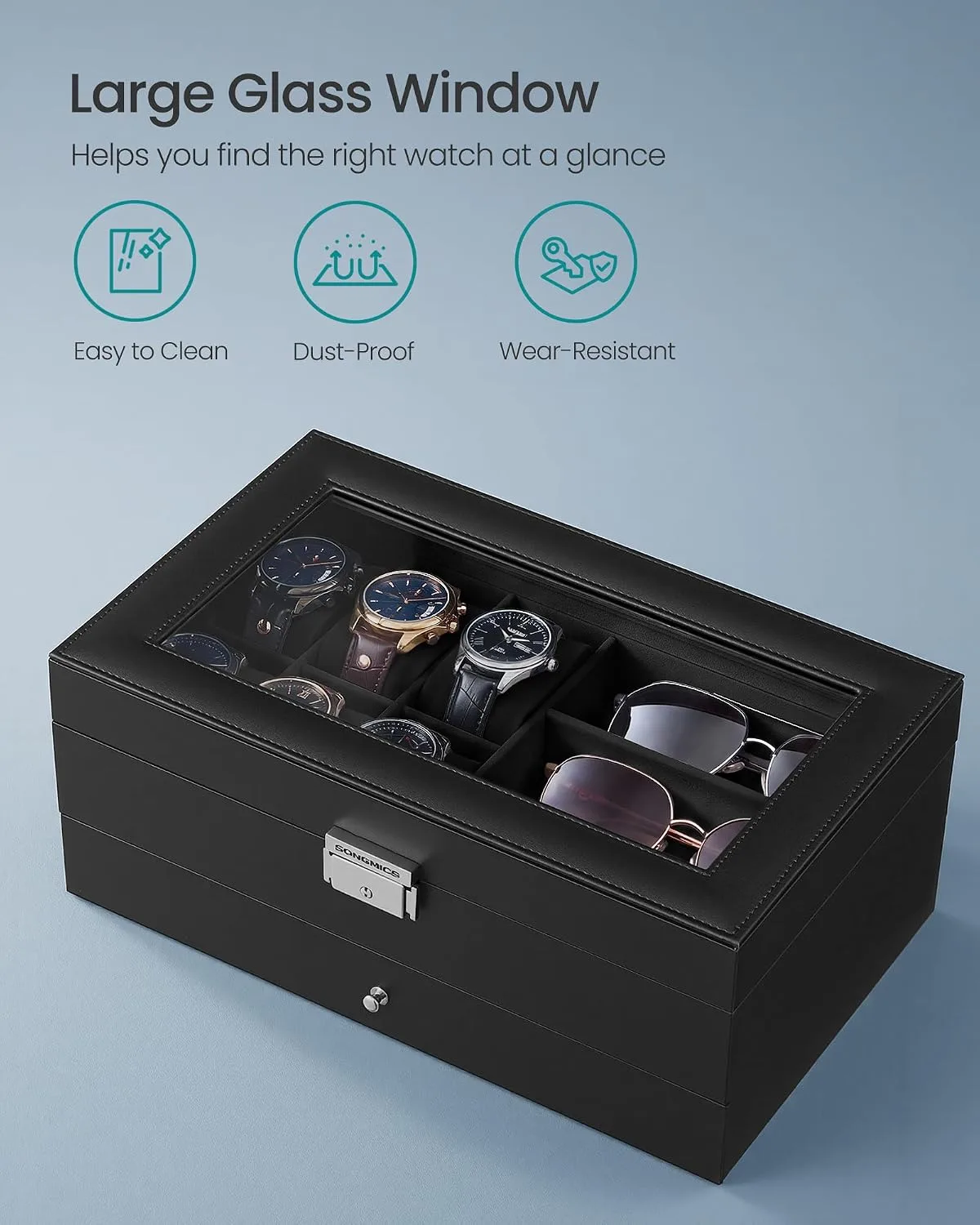 SONGMICS Watch Box for Men, 2-Tier Case with 6 Slots and Glass Lid