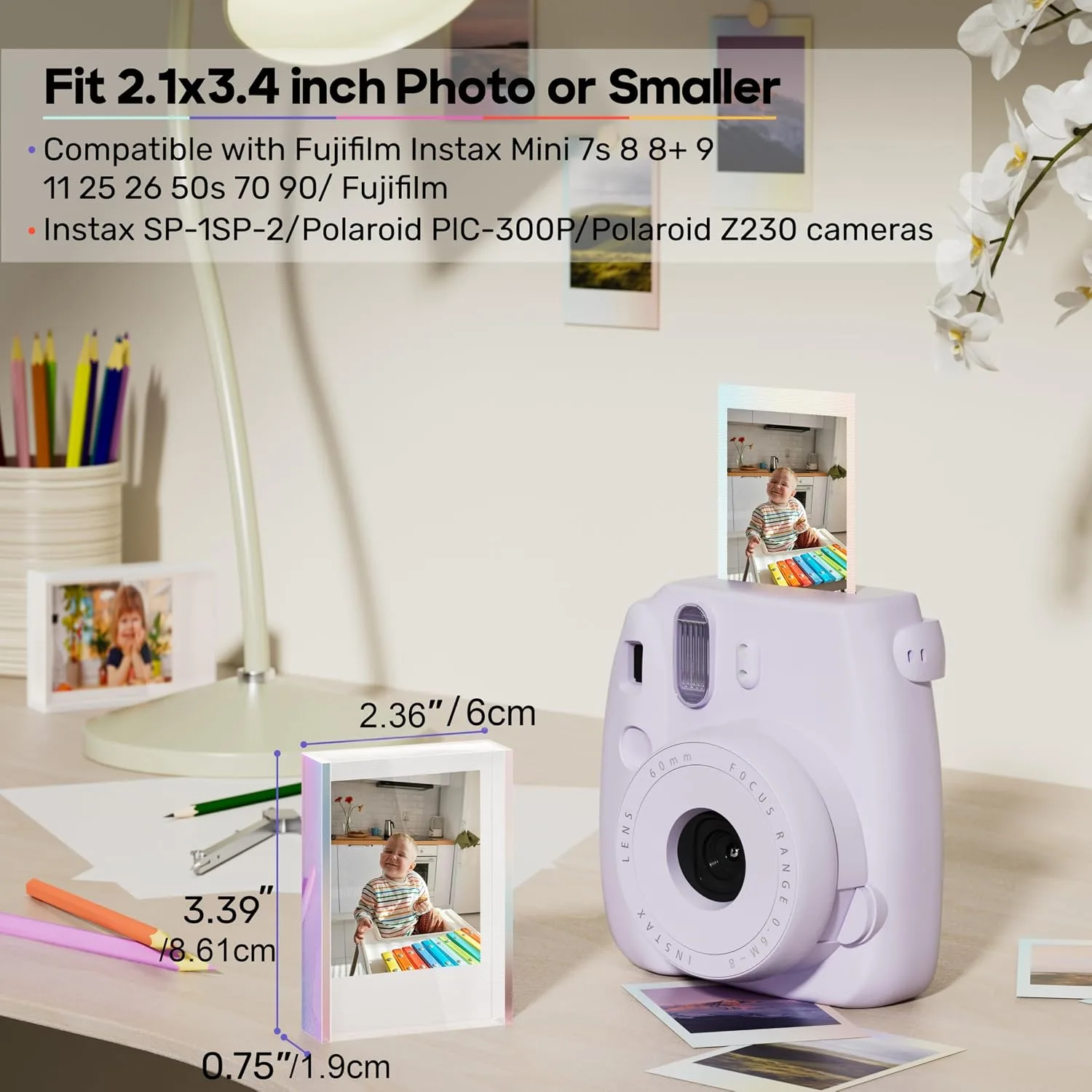 Instax Mini Picture Frames for Polaroid & Fujifilm Instax Mini Camera/ Printer Film, 2x3 Cute Polaroid Photo Frame, Tabletop Small Picture Display Holder for Instant Photo, Iridescent Acrylic, 3 Pack
