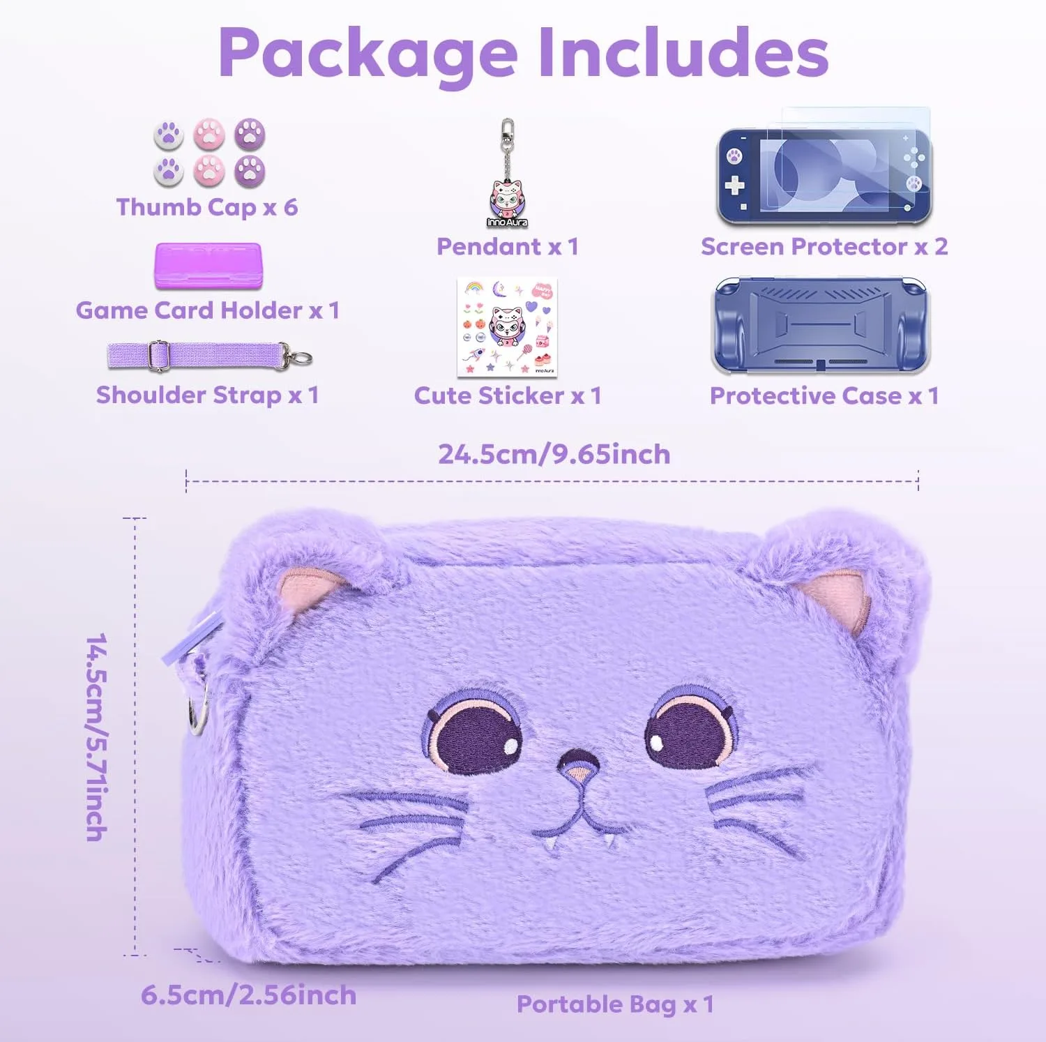 innoAura Switch Lite Case 14-in-1 Accessories Bundle for NS Switch Lite (2019), with Protective Carrying Case, Game Holder, Screen Protector & Cute Thumb Grips, Purple Cat Plush Bag