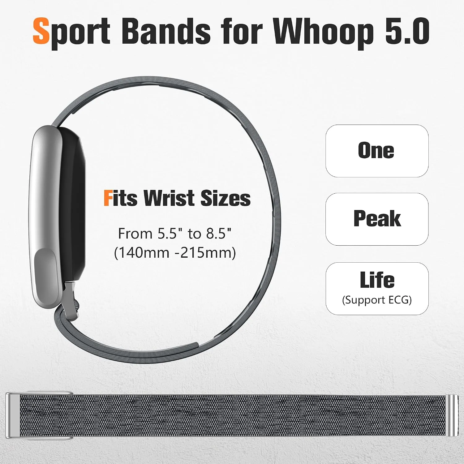 Getino Sport Band Compatible with Whoop 5.0 Bands One, Peak and Life/MG, Breathable Adjustable Elastic Replacement Soft Nylon Strap Accessories for Whoop Band 5.0 Fitness Tracker, GrayBlack