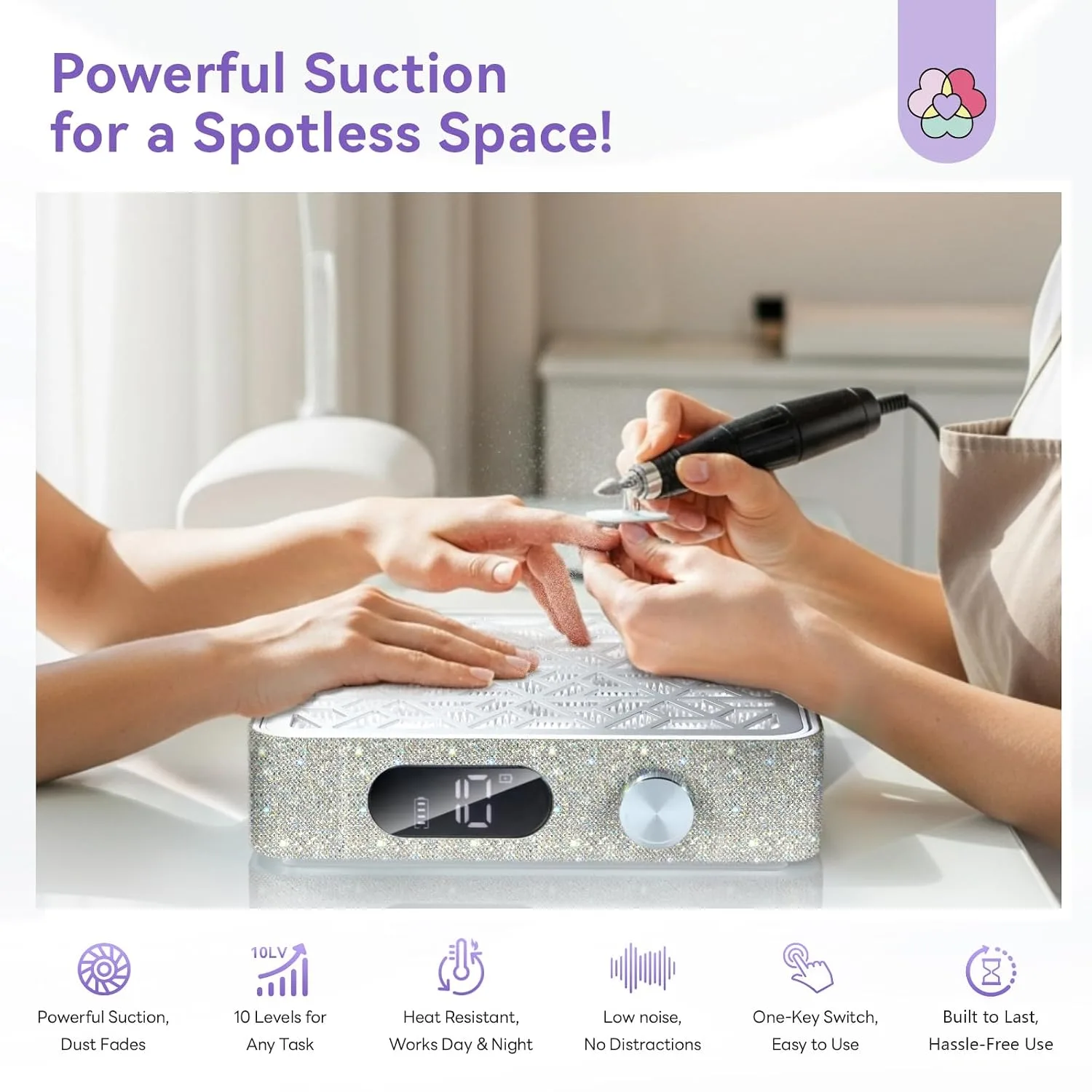 SAVILAND 800Pa Nail Dust Collector: Rhinestones Shining Powerful Suction Dust Collector Nail Tech Adjustable Speeds Less Than 25db Nail Duster Vacuum For Acrylic Nails Tool Polish Salon Set