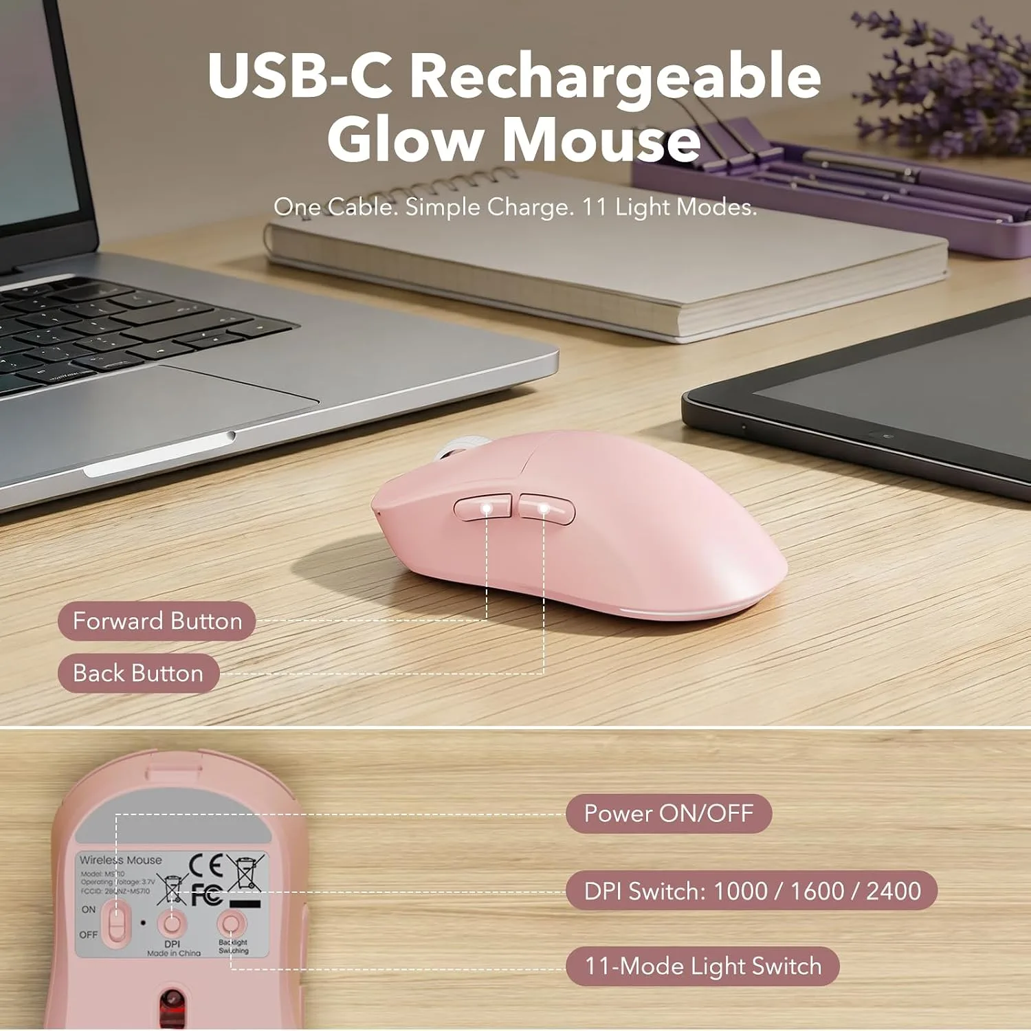 Rechargeable Backlit Wireless Keyboard and Mouse Combo, Retro Typewriter Keyboard with Magnetic Wrist Rest, Light Up Letters, 2.4GHz Cordless Connection for Mac, Windows PC, Laptop (Glowing Pink)