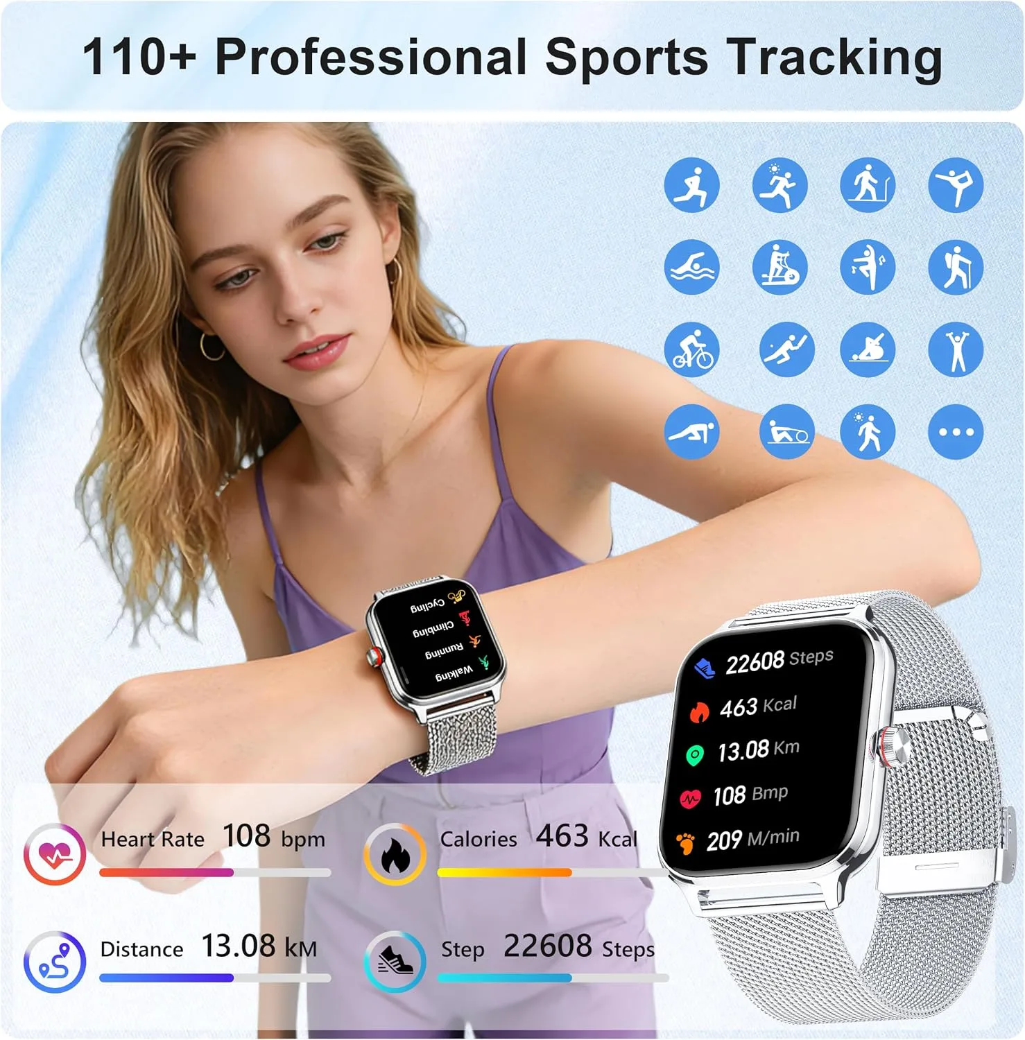 Smart Watch Women Men, Answer/Make Call, 1.96'' Fitness Tracker with Blood Pressure, HR, Sleep Monitor, 110+ Sport Modes Reloj Inteligente para Mujer Smartwatch Compatible with iPhone/Samsung/Android