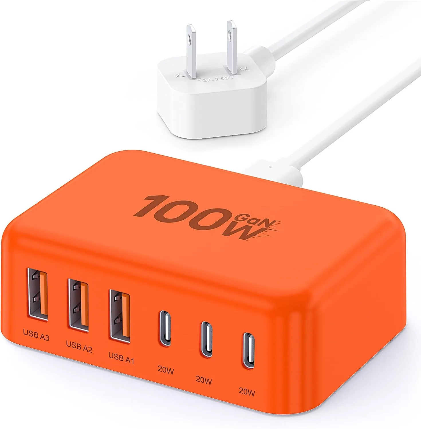 USB Fast Charger Block 50% Smaller 100W Max 6-Port GaN USB Charging Station
