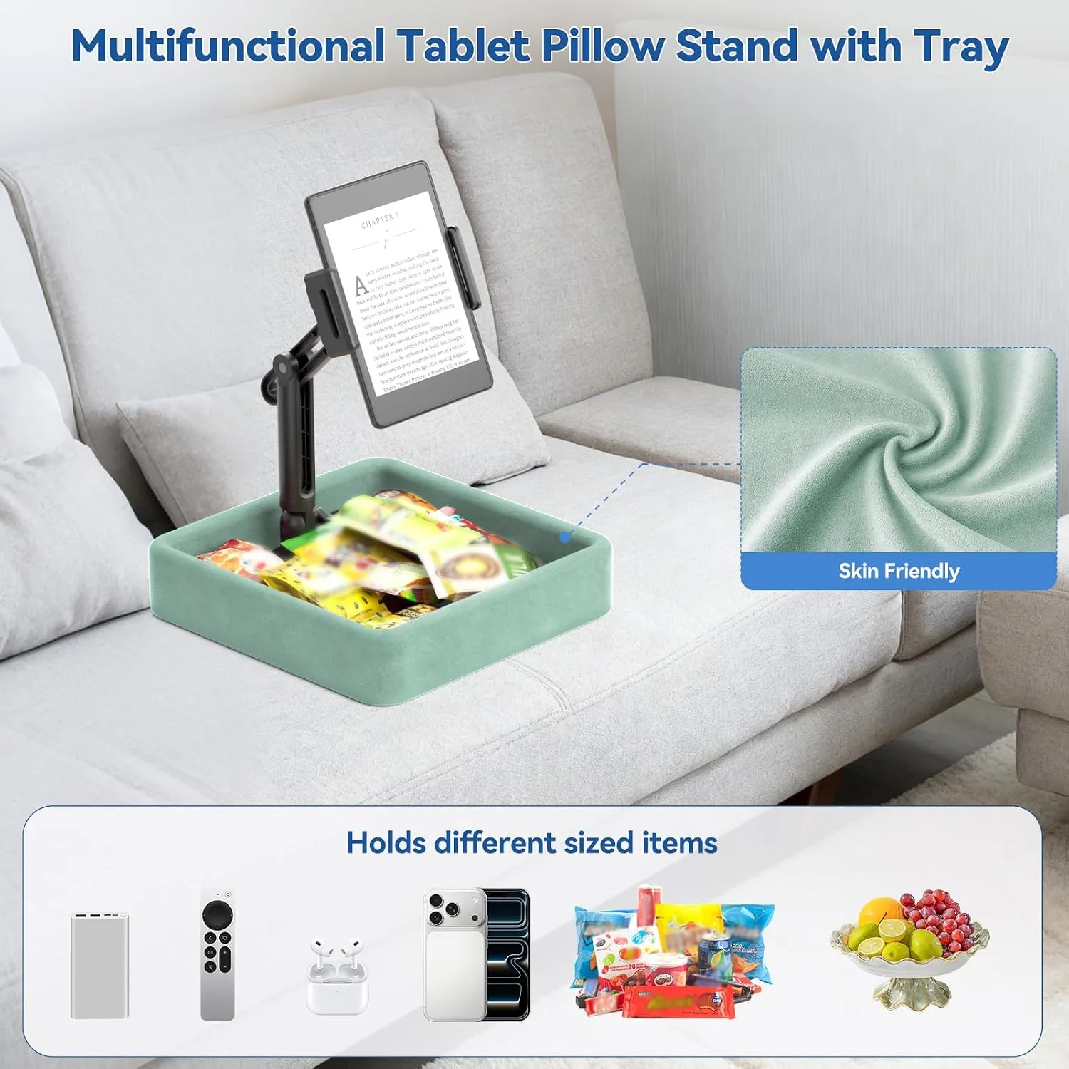 KDD Tablet Pillow Stand - Multi-Angle Adjustable iPad Holder for Lap, Bed and Desk - Foldable Kindle Soft Pad Dock with Storage Tray Compatible with iPad Pro 12.9, Air Mini, Phone, E-Reader