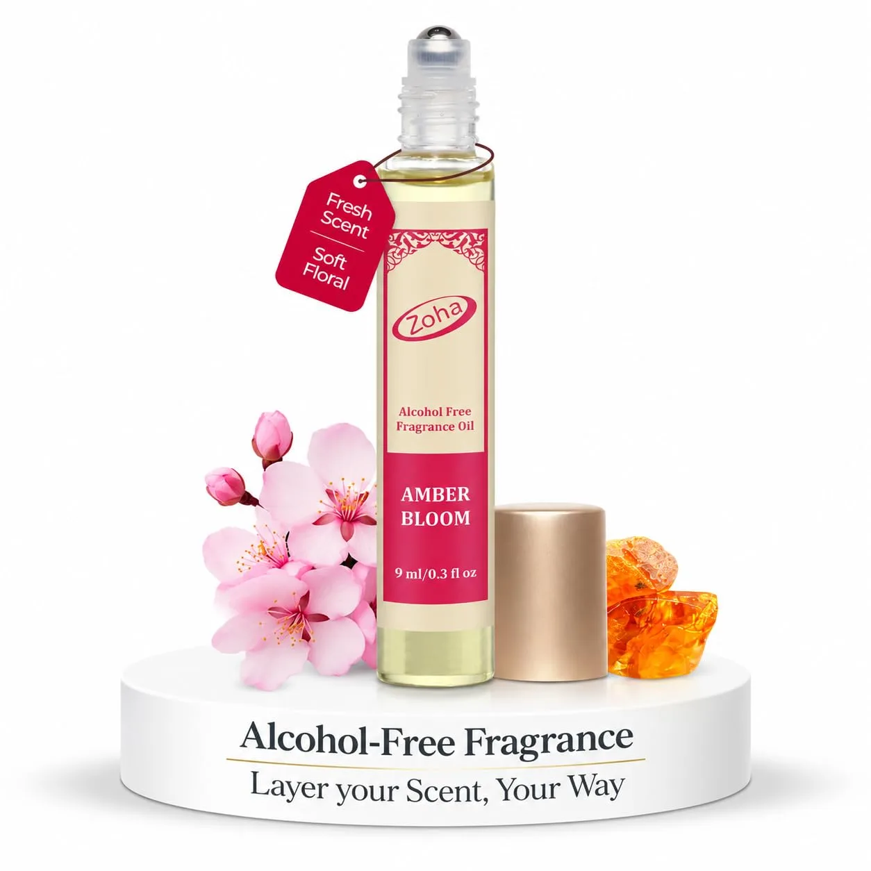 Zoha Amber Bloom Perfume Oil Roll On for Women & Men, Alcohol-Free 9ml
