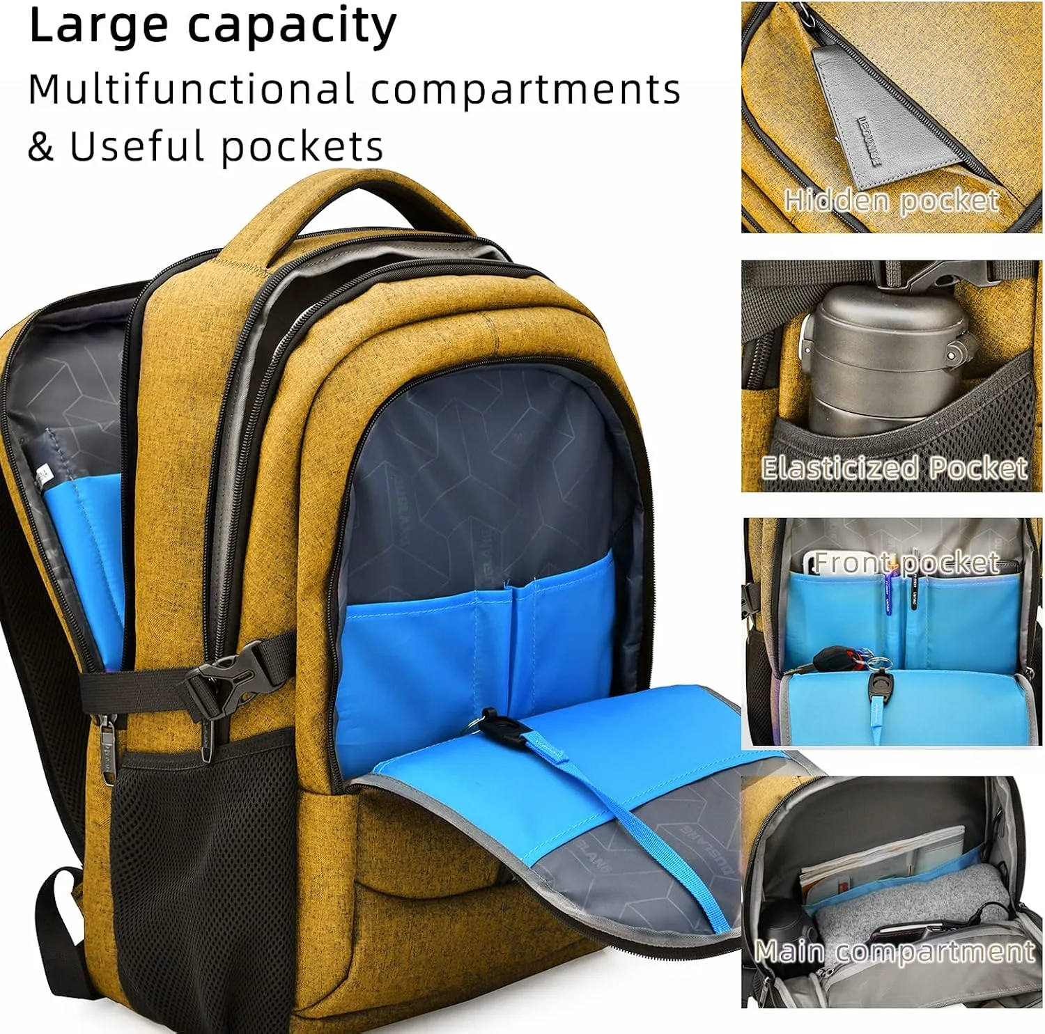 DUSLANG 17 Inch Laptop Backpack for Travel Water Resistant College Backpack for Women Laptop Bag with USB Charging Port Work Backpack,Yellow