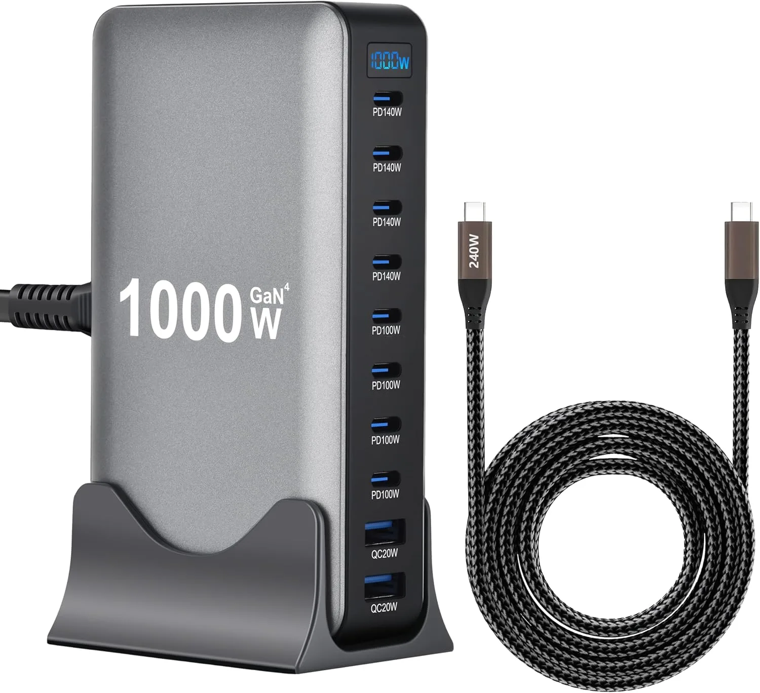 1000W 10-Port GaN 4 Desktop Charging Station with 240W 6.6 ft Data Cable - Compatible with Tablets, Phones, Laptops, Gaming Consoles, Headphones