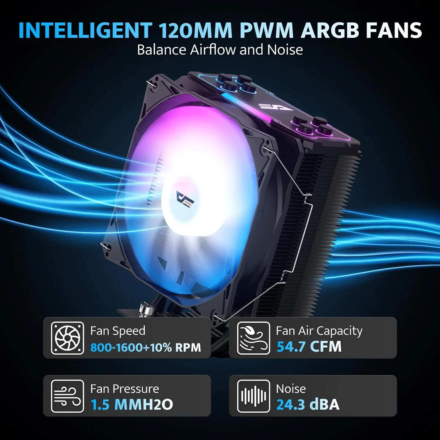 darkFlash Z4Pro Mist CPU Cooler, 120mm Single-Tower, TDP 200W, 4×Ф6mm Heatpipes, ARGB PWM PC Fans, CPU Air Cooler Compatible with Intel LGA115x/12xx/17xx; AMD AM4/AM5, 155mm in Height(Black)