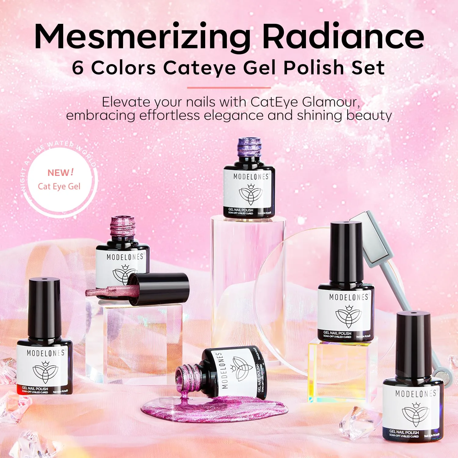 modelones Cat Eye Gel Nail Polish Set Glitter 6Colors Pastel Rainbow