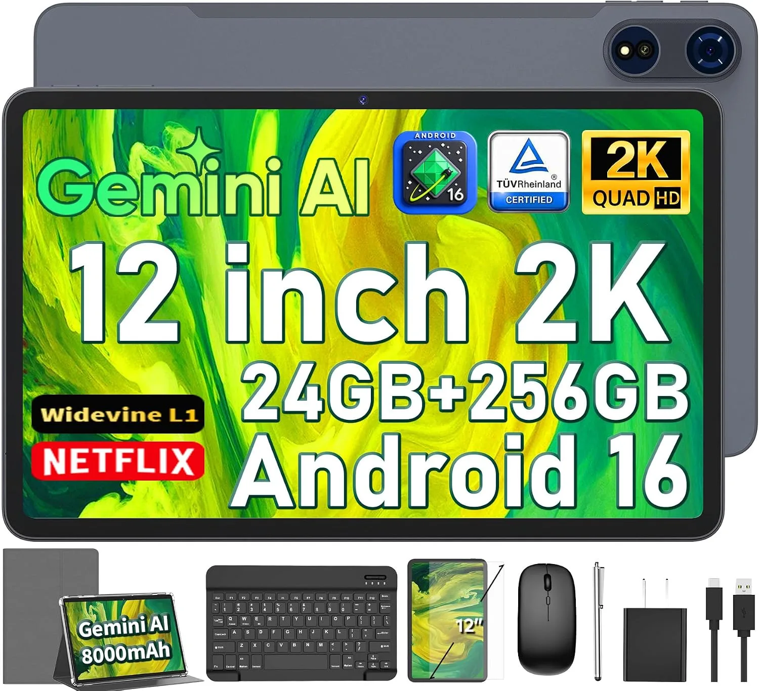 Android 16 Tablet with Keyboard - 12 inch Tablet with 26GB+256GB+2TB Expand