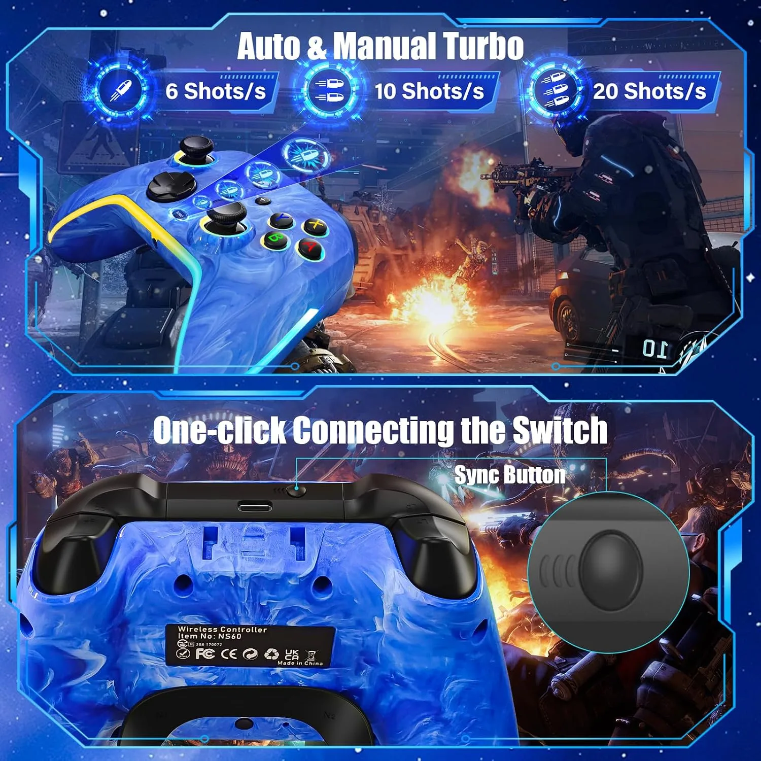 JAVRUNWOF Switch Controller-Wireless-Switch-Pro-Controllers-Blue Compatible with Switch/Lite/OLED,1200mAh Rechargeable Remote Gamepad Joystick with 10 RGB Led Light,6-Axis Gyro,Turbo,Wake Up,Motion
