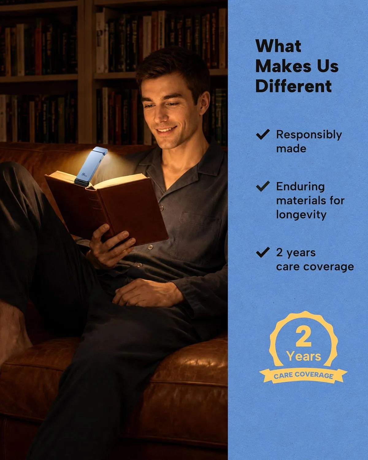 86lux Book Light, Rechargeable Clip-On LED Reading Light for Bed & Night Use - 3 Color Temperatures with Stepless Dimming, Ultralight Bookmark Design for Kids, Book Lovers, Blue