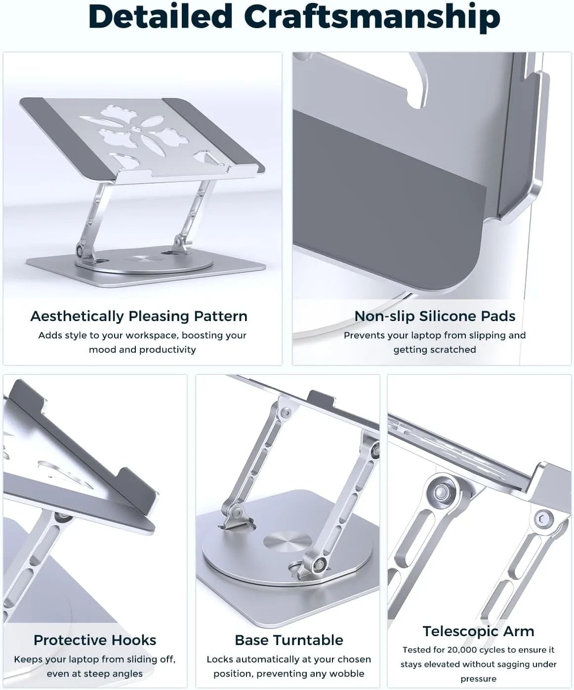 Aoviho 360° Rotating Laptop Stand for Desk | Adjustable, Foldable, Portable Aluminum Ergonomic Riser | Compatible with MacBook, Dell, HP & All Laptops 10-16 inch | Silver