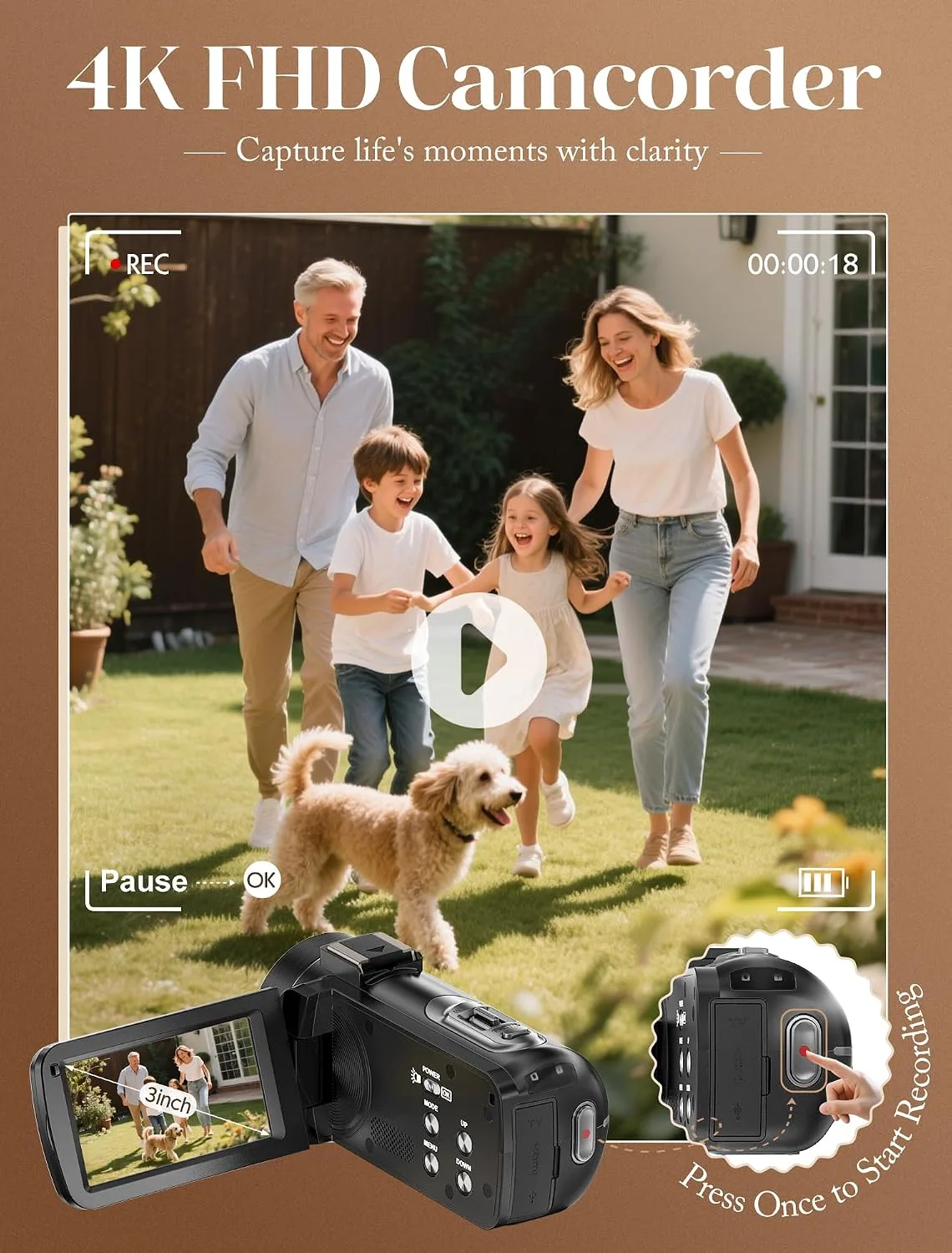 ZYDIIE 4K Video Camera Camcorder UHD 64MP Vlogging Camera for YouTube 18x Digital Zoom 3" 270° Rotation IPS Touchscreen Video Camcorder with Night Vision, Remote Control, 32GB Card, 2 Batteries