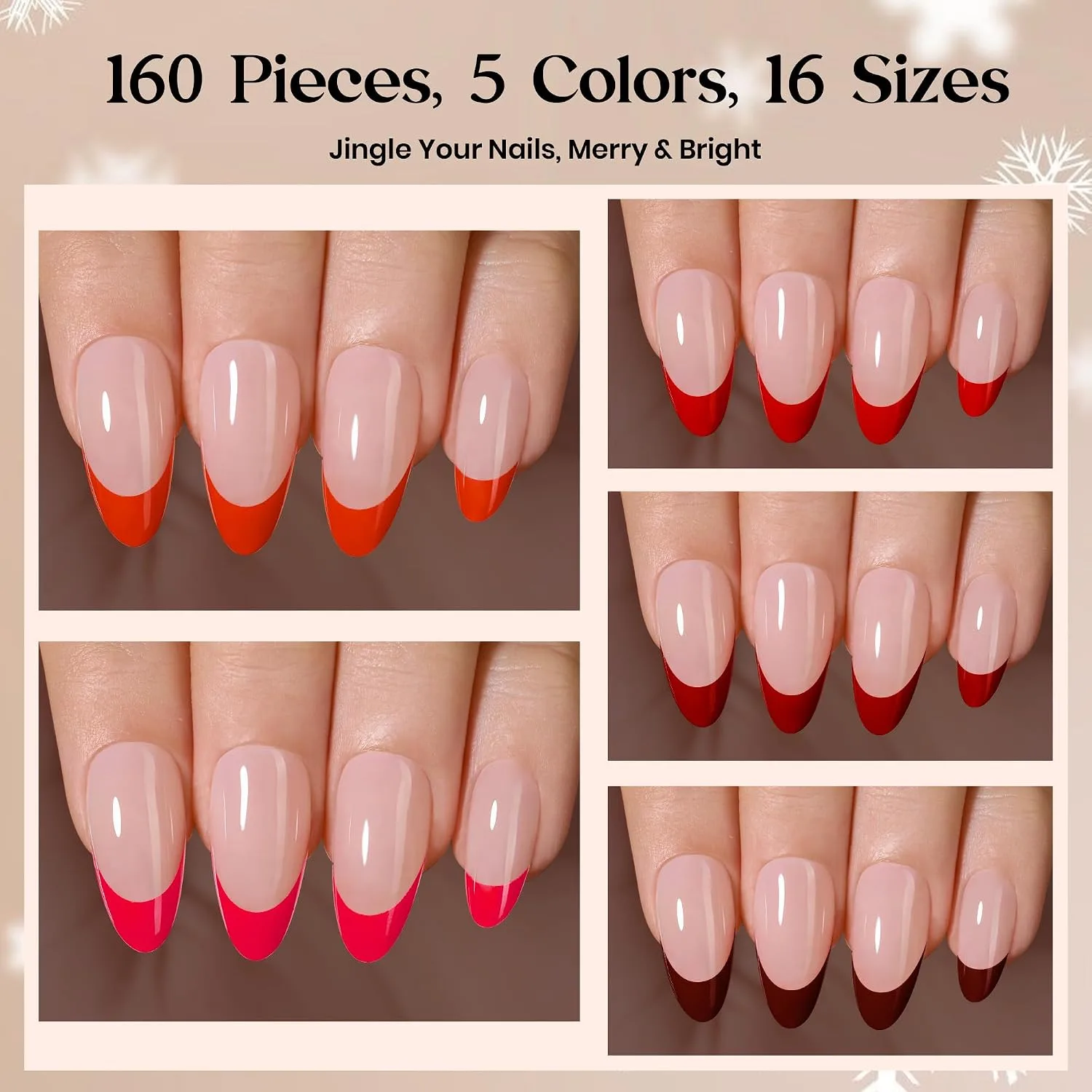 Beetles Red French Tip Press On Nails - Medium Almond 5 Colors 160 Pcs