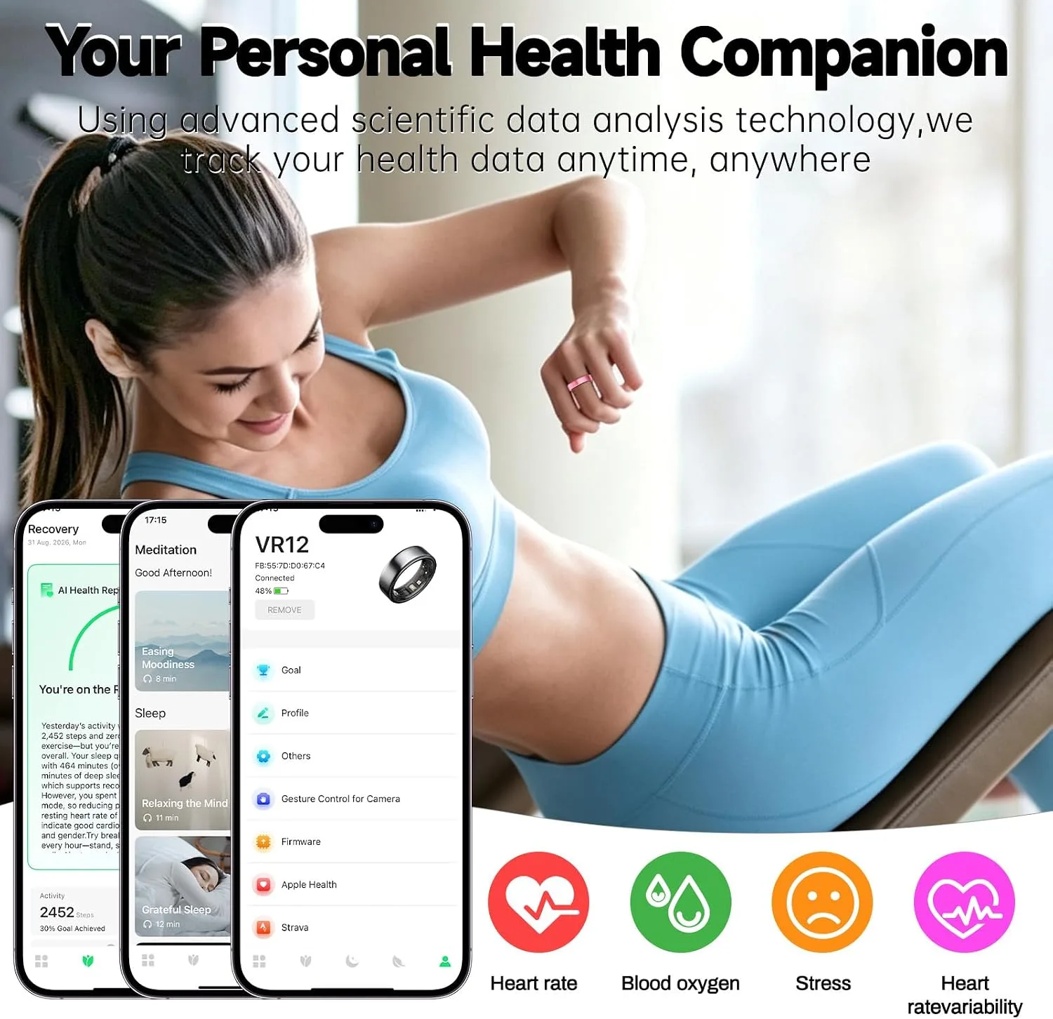 Smart Ring for Women & Men, AI Health Analysis, Thin Fitness Tracker Ring, Health Ring with Heart Rate, SpO2, HRV, Stress, Sleep, Cycle and Activity Tracking, 6.42mm Design,No App Fees