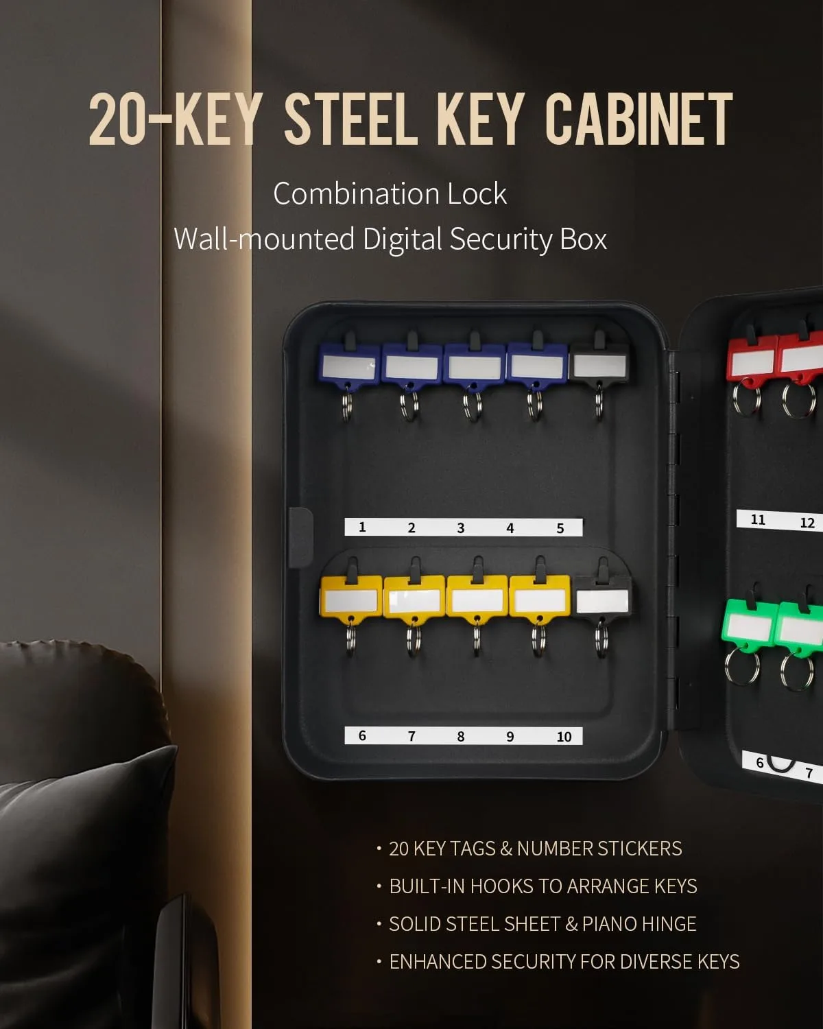 Uniclife 20-Key Steel Key Cabinet, Key Box with Combination Lock, Black