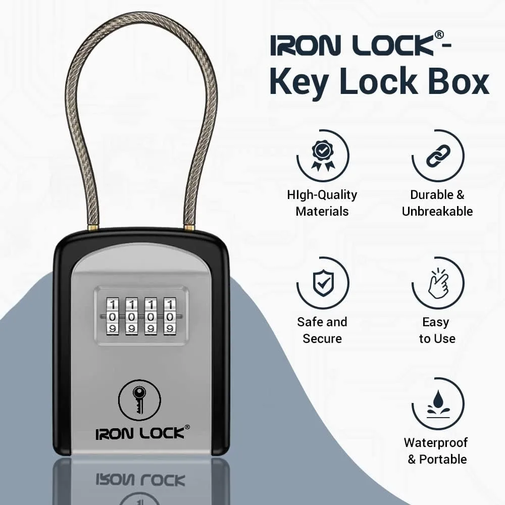 Iron Lock® Key Lock Box with Code, Portable Cable Shackle (Small, Grey)