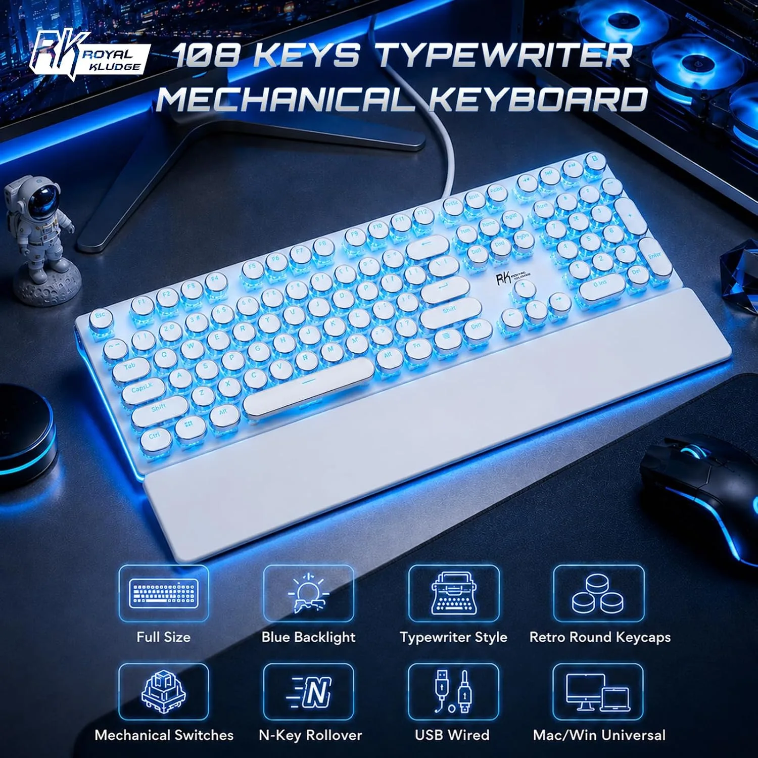 RK ROYAL KLUDGE S108 Typewriter Mechanical Keyboard, Retro Wired Gaming Keyboard with Number Pad and Detachable Wrist Rest, 108 Keys Full Size PC Game Keyboards, Clicky Blue Switch, Blue Backlit White