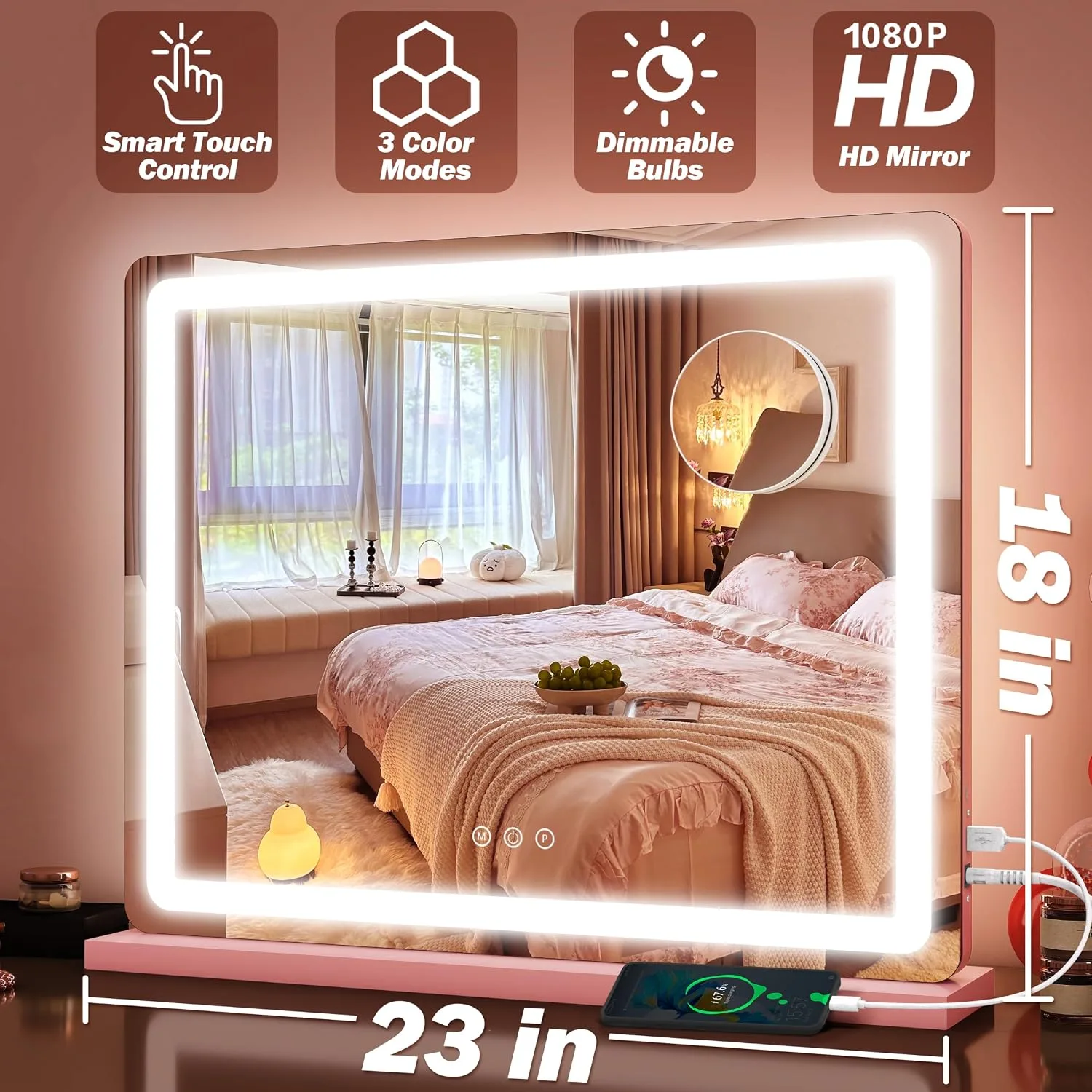 FENNIO 23" x 18" Vanity Mirror with Lights，LED Makeup Mirror，Hollywood Mirror with 3 Color Modes & Adjustable Brightness，Vanity Mirror Pink