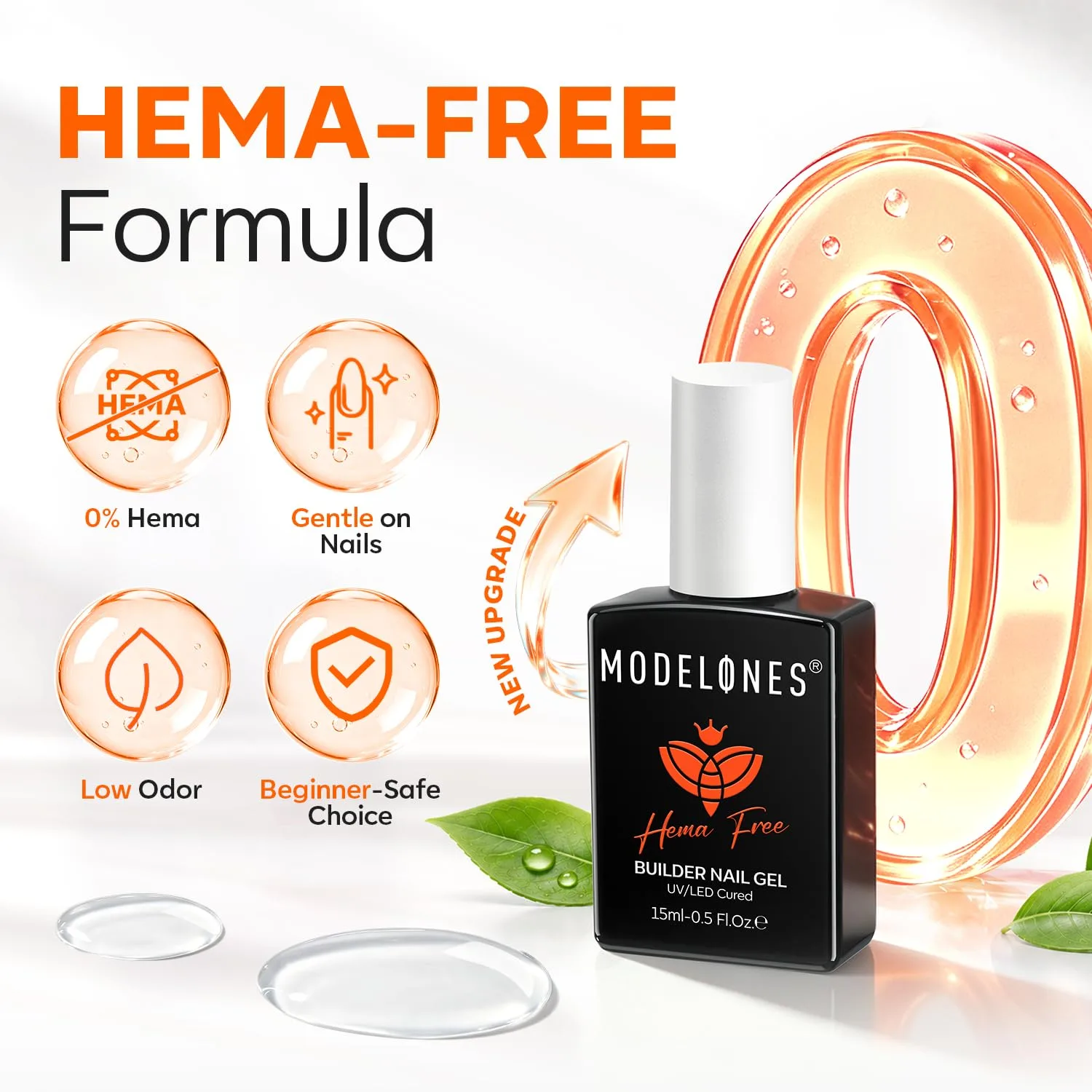 modelones Builder Nail Gel HEMA-Free Clear, Gentle Formula Self Leveling
